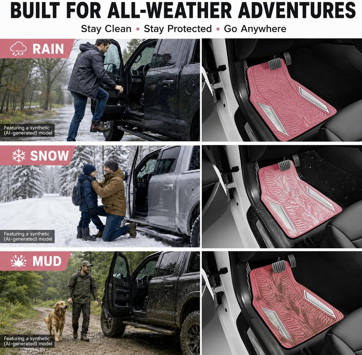 PIC AUTO Pink Rubber Floor Mats, Silver Aluminum Film with Colorful Piping Floor Mats for Cars, Car Mats with Non-Slip Backing, All-Weather, Trim-to-Fit Liner for Cars, SUVs, Trucks, Vehicles