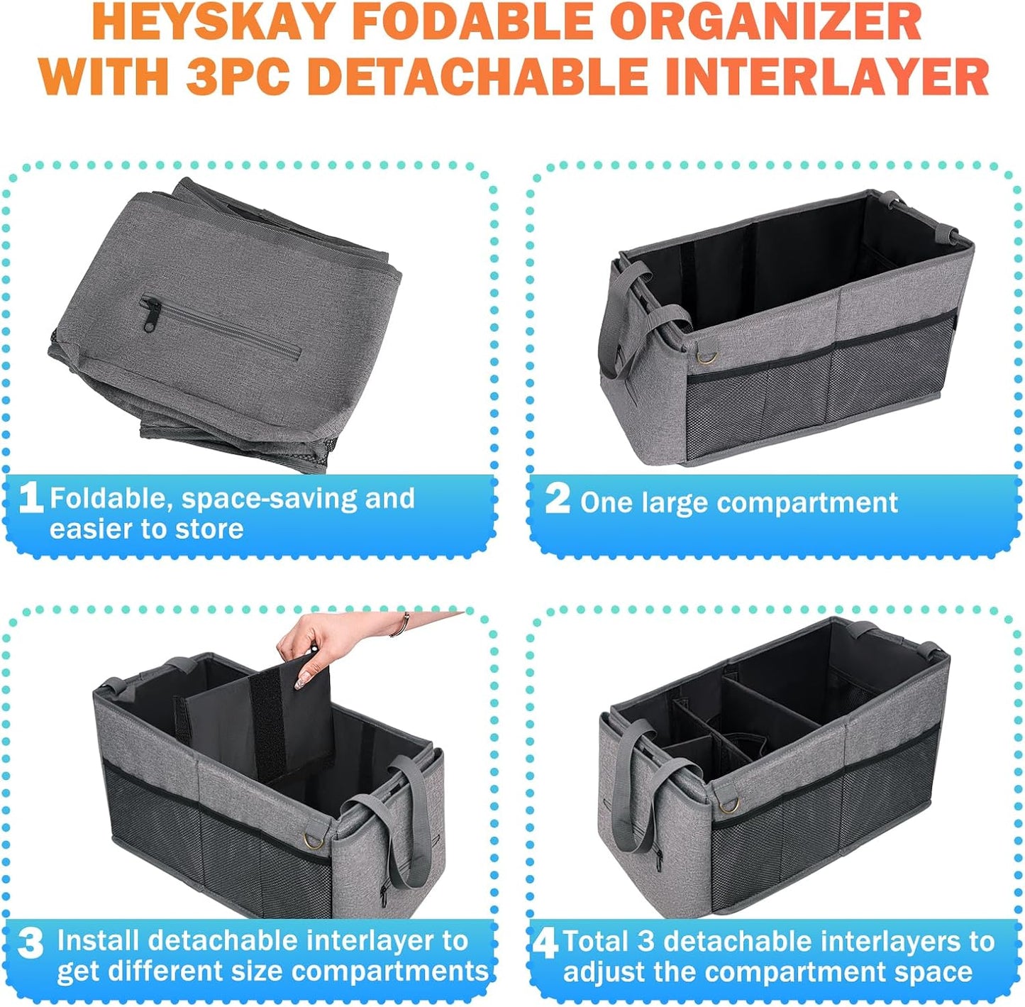HEYSKAY Car Seat Organizer-Passenger Seat Organizer, Collapsible Small Car Seat Organizer for Console Front/Back, Car Seat Caddy Organizer with 4pc Drink Holders Automotive Backseat Organizer for Kids