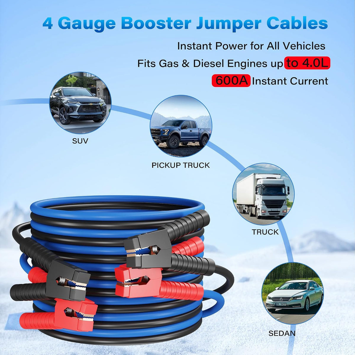 HiFind 4 Gauge Jumper Cables 12 FT for Car Battery, 4 AWG Heavy Duty Long Automotive Booster Wire, 600 Amp Emergency Starting Cable for Cars SUV Truck Vans RV With Alligator Clamps, Carrying Strap