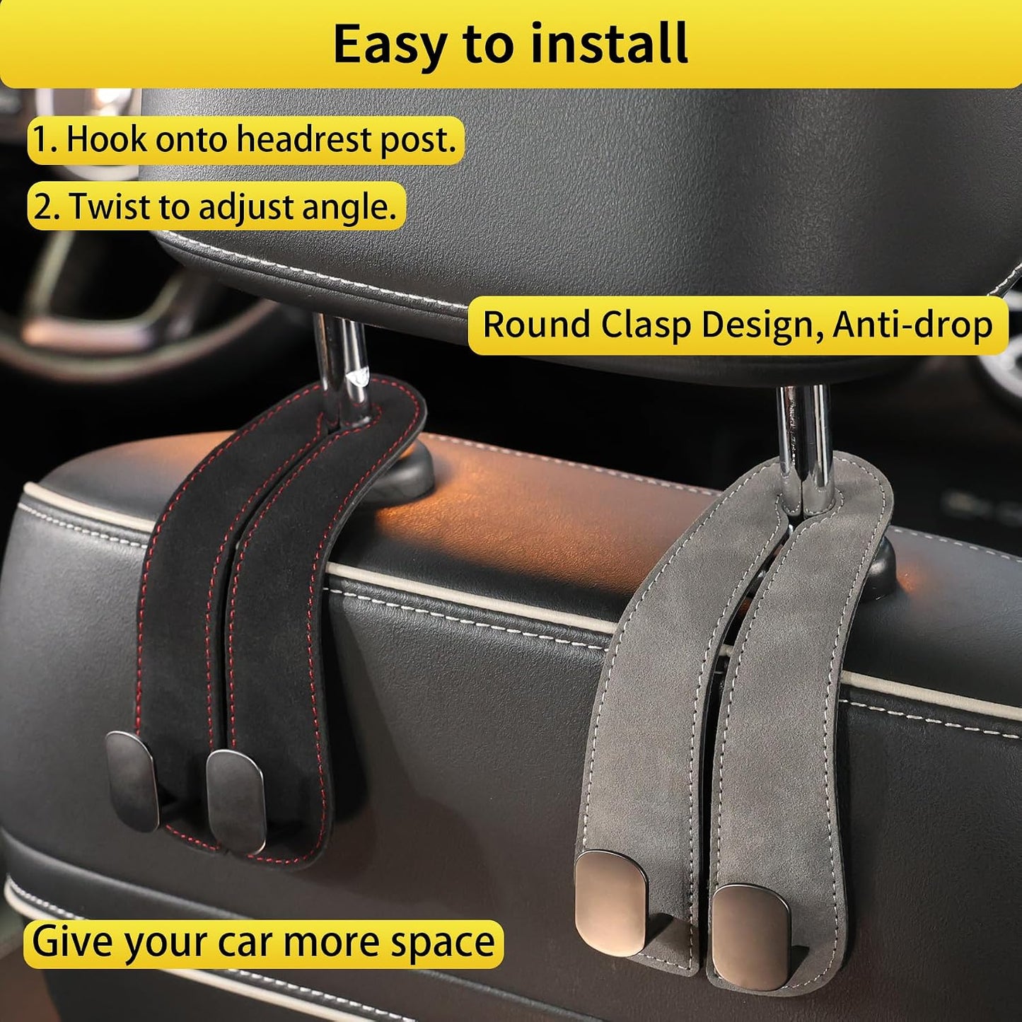 WEIHAO Purse Hook for Car Headrest, Suede Car Seat Back Storage Hook, Aluminum Twin Hooks Leather Car Headrest Hangers, Bag Holder for Sedan, Trucks, SUVs, Most Vehicles (Black-2PCS)