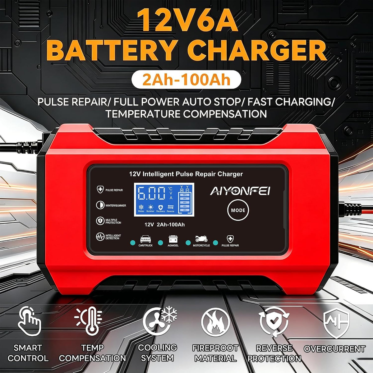 6A 12V Car Battery Charger Smart Maintainer Trickle Charger, Red