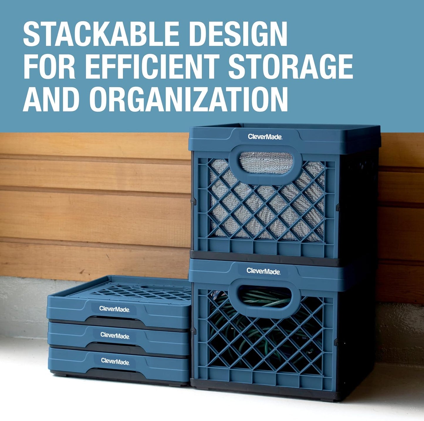 CleverMade Heavy Duty Collapsible Milk Crate, 25L, 3 Pack, 50 lb, Ocean | Stackable plastic storage crate with file rails for hanging folders and organizes garages, classrooms, offices and car trunks
