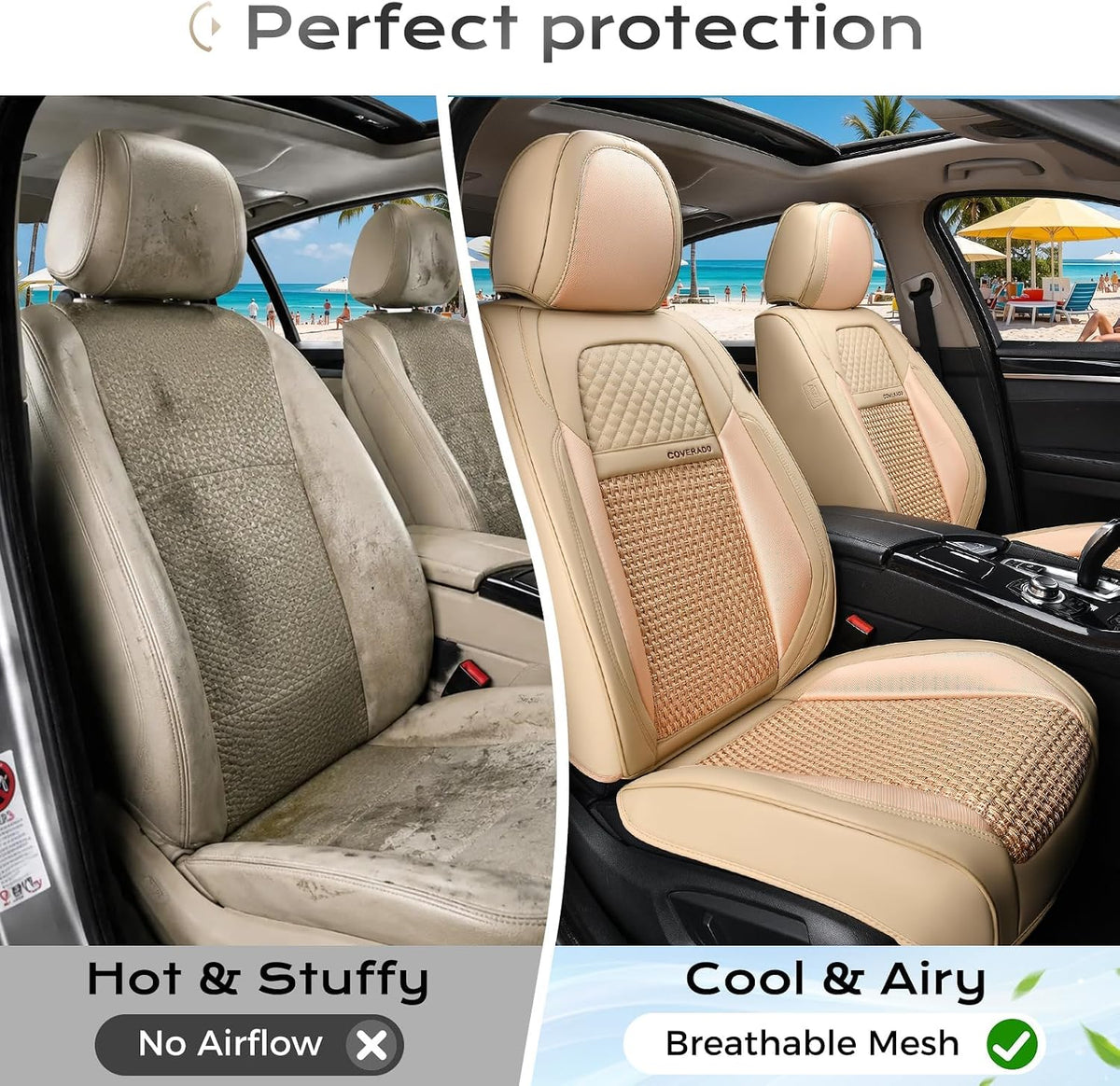 Coverado Car Seat Covers Front Seats, Waterproof Front Seat Covers Nappa Leather Seat Covers for Cars, Breathable Summer Car Seat Cushion Universal Fit for Most Cars SUV Trucks(Front, Beige)