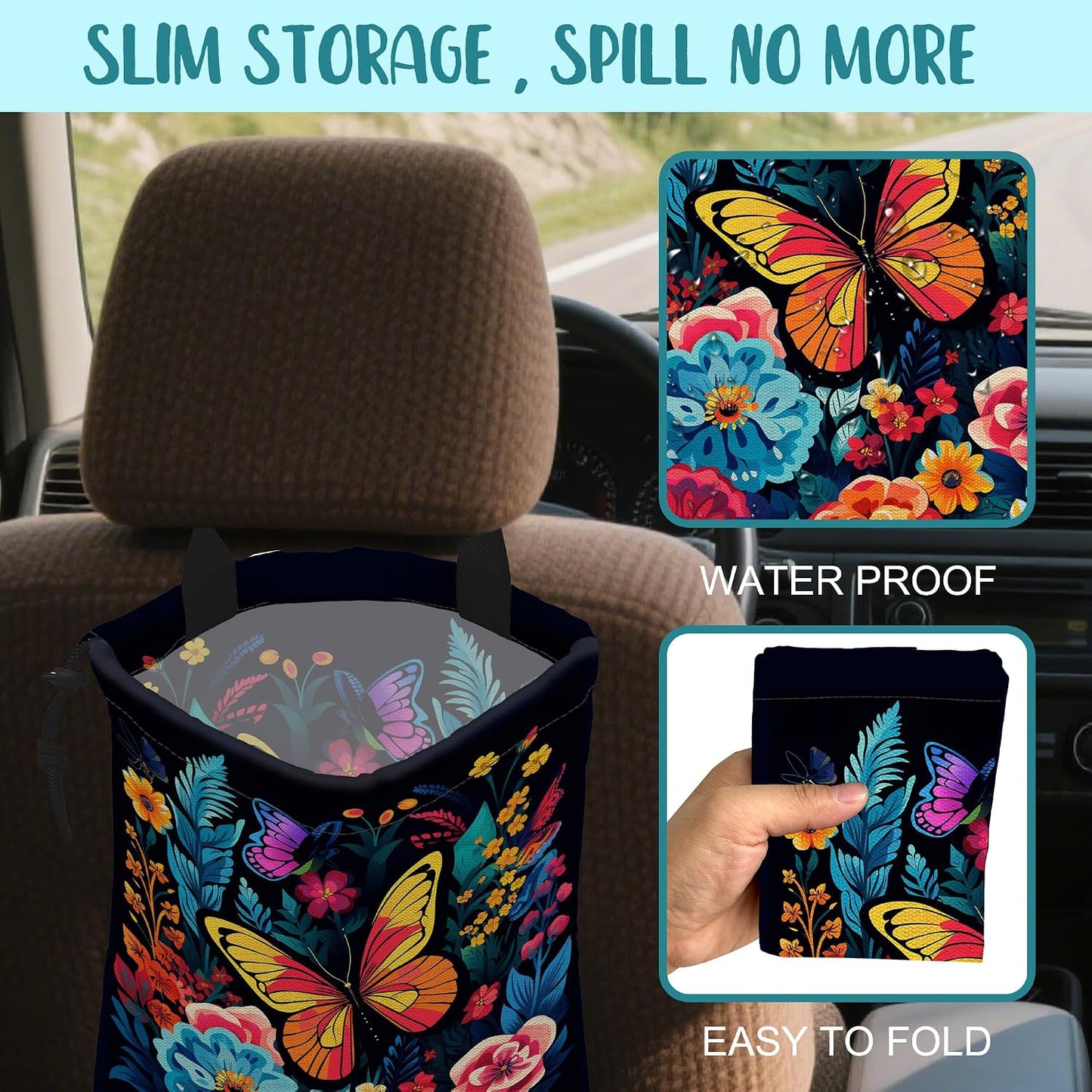 Car Garbage Bag Colorful Flowers and Butterflies Hanging Canvas Car Trash Bag Waterproof Drawstring Car Back Seat Organizer for Car Back Front Seat Console with Adjustable Buckle