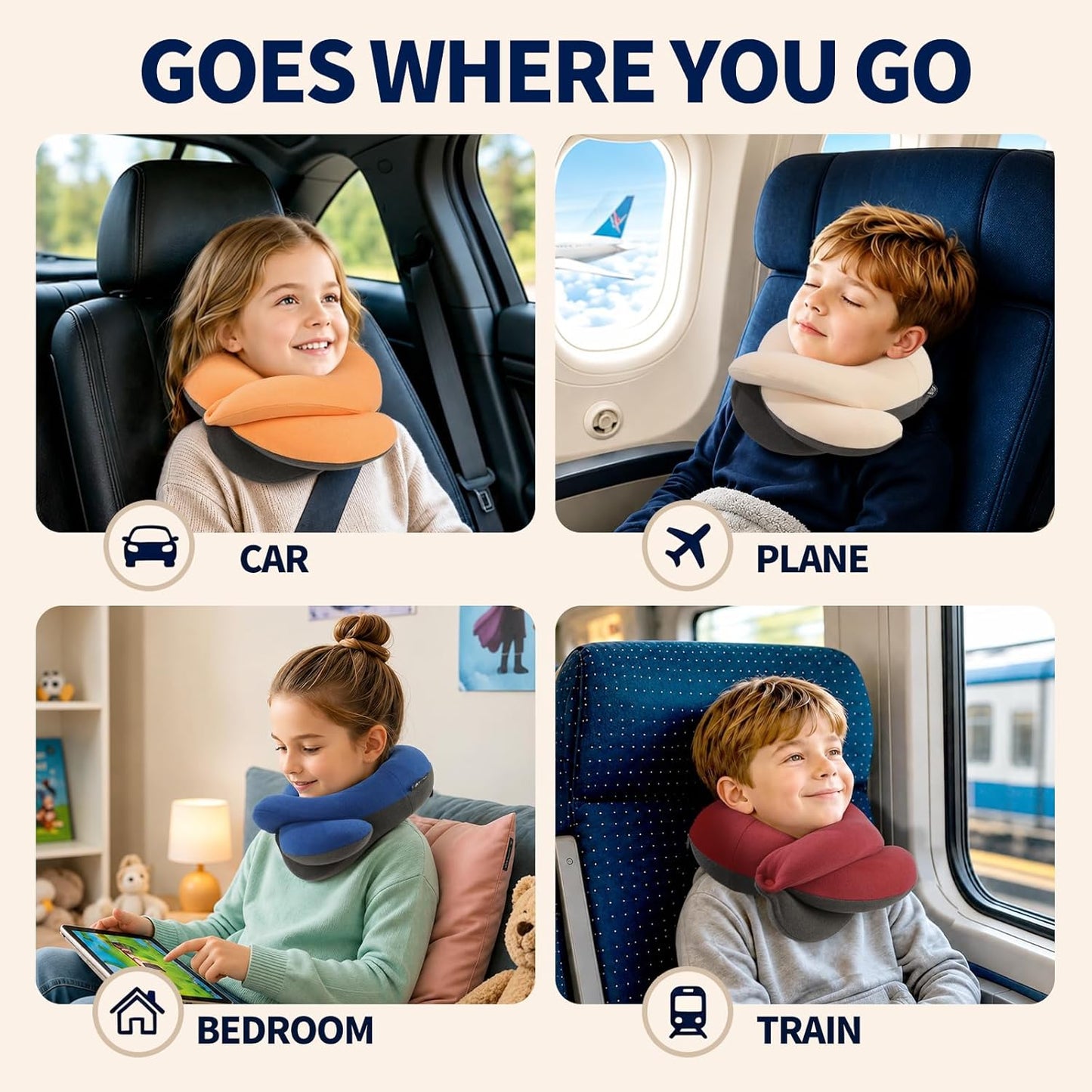 BUYUE Kids Travel Pillows for Airplane, Memory Foam 360° Head Support Sleeping Essentials for Boys Long Flight, Skin-Friendly Soft Neck Pillow for Traveling in Car Seat, (Small, Brown Grey, 40-90 lbs)