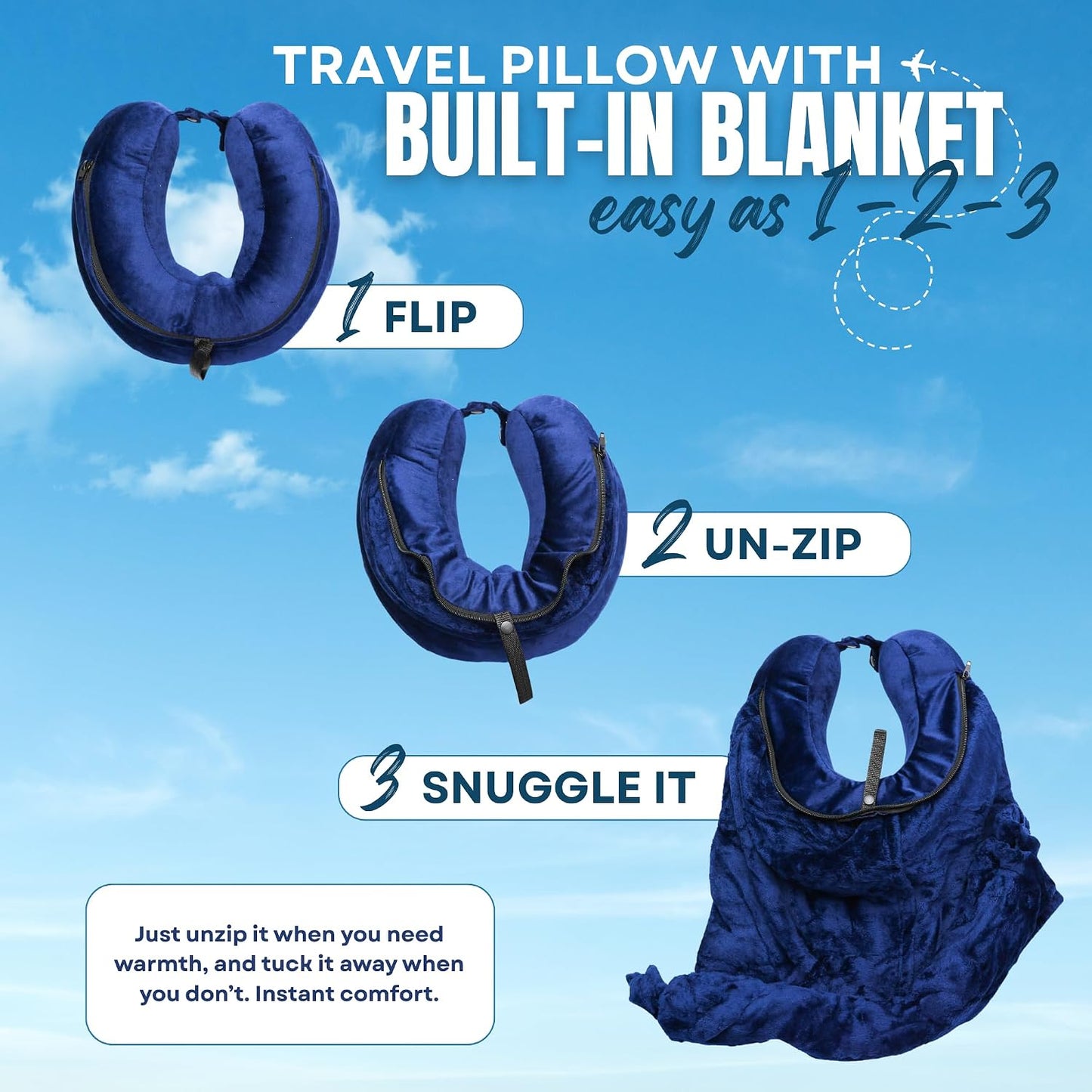 Travel Pillow with Built-In Blanket Memory Foam Neck Pillow for Airplane Travel, Flight Pillow with Blanket Portable Airplane Pillow for Adults Compact Travel Neck-Pillow for Plane, Car & Long Flights