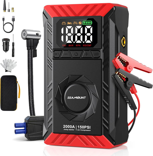 10-in-1 UltraSafe Jump Starter with Air Compressor, Portable Car Jump Box with LED Flashlight,Portable Tire Inflator, Jump Box, 60Wh Power Bank & Jumper Cables for 6.0L Gas/3.0L Diesel Engines