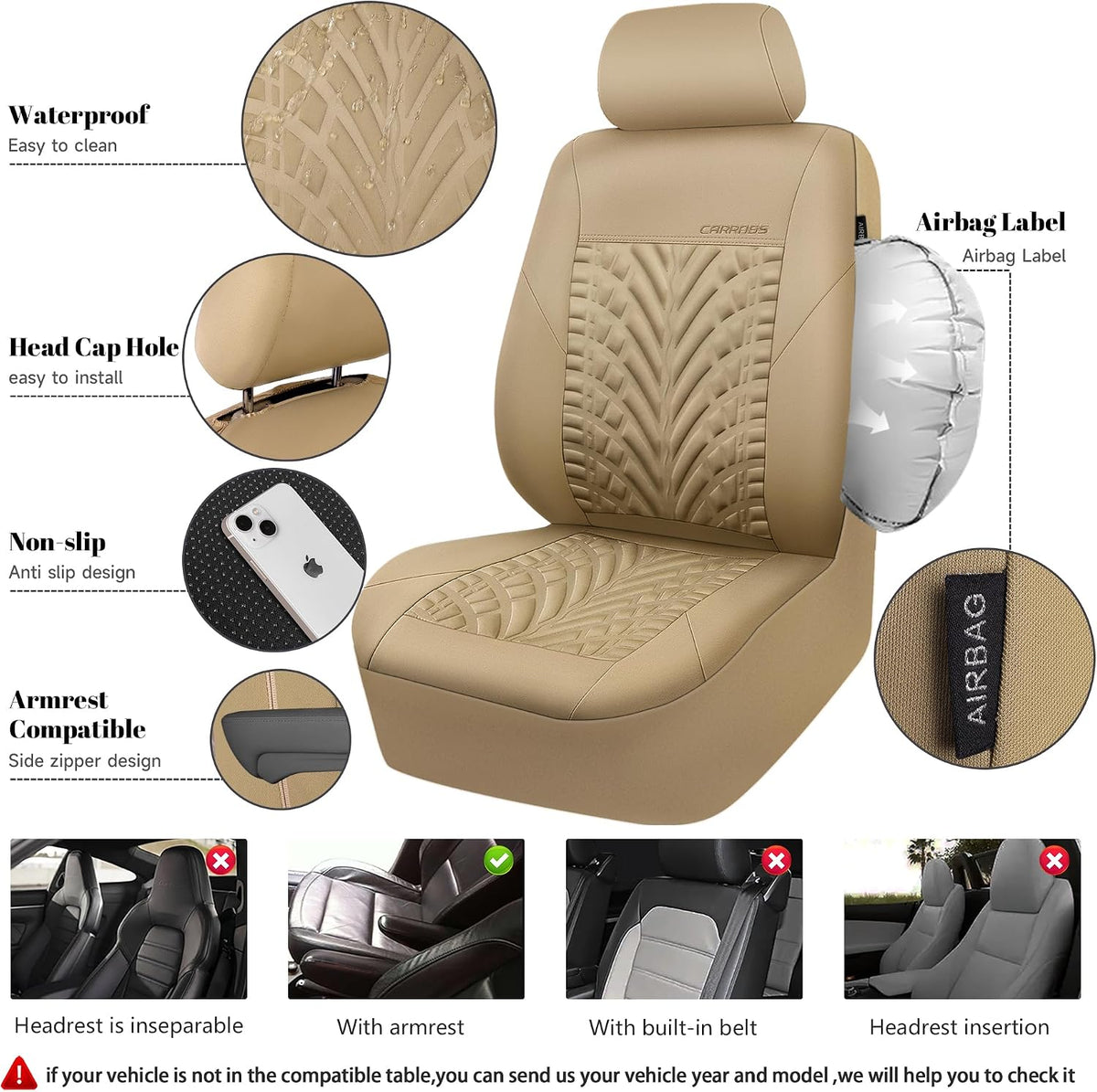 CAR PASS Neoprene Waterproof Seat Covers Full Sets, Wetsuit Car Seat Covers 5 Seats Universal Fit for Vans, Truck, SUV, 3D Tyre Embossed Seat Covers Anti Slip with Armrests, Aibag Compatible All Beige