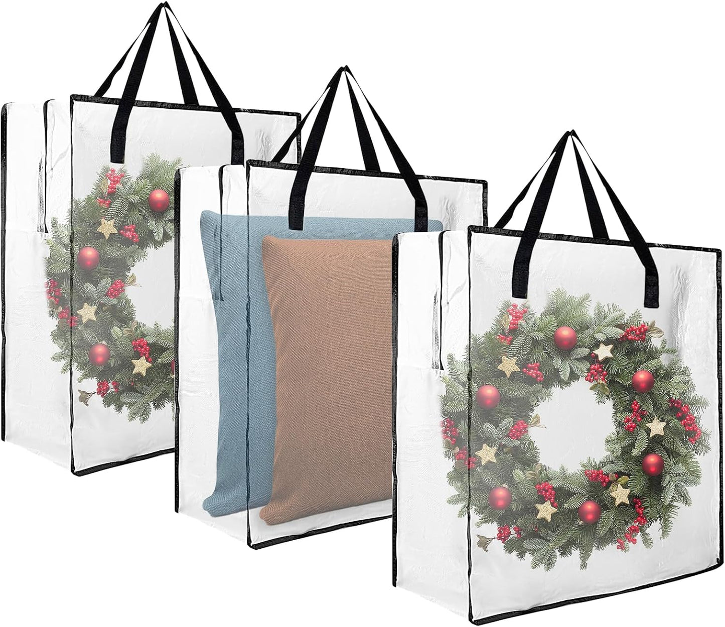 3-Pack 25-Inch Wreath Organizers for Christmas and Holiday Storage | Three clear storage bags hold wreaths and seasonal decor with reinforced handles, sturdy zippers and foldable design.