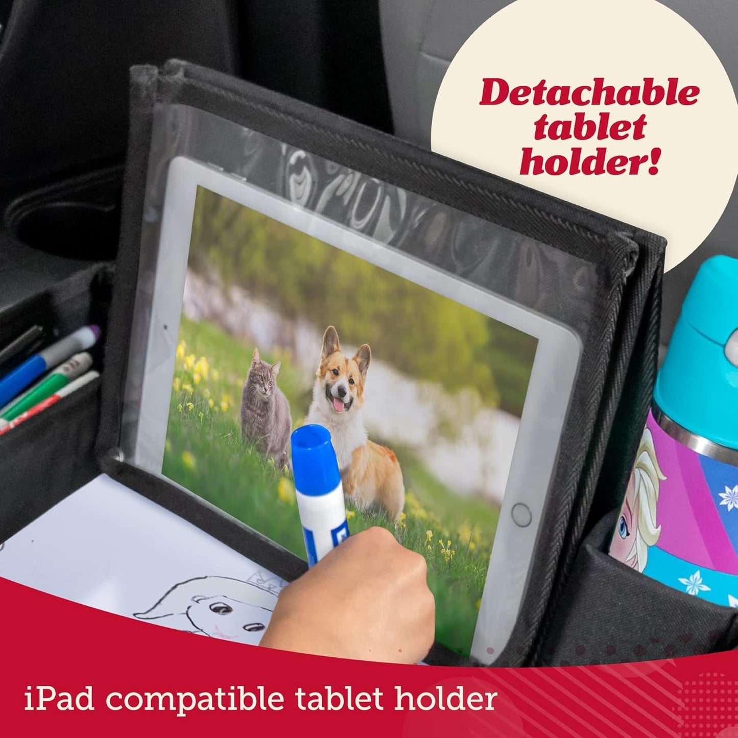 Lusso Gear Car Seat Activity Tray - Dry-Erase Top & Toddler Travel Essential - Mesh Pockets & Car Back Seat Organizer - Cup Holder & Road Trip Essentials for Kids - 600D Oxford Material