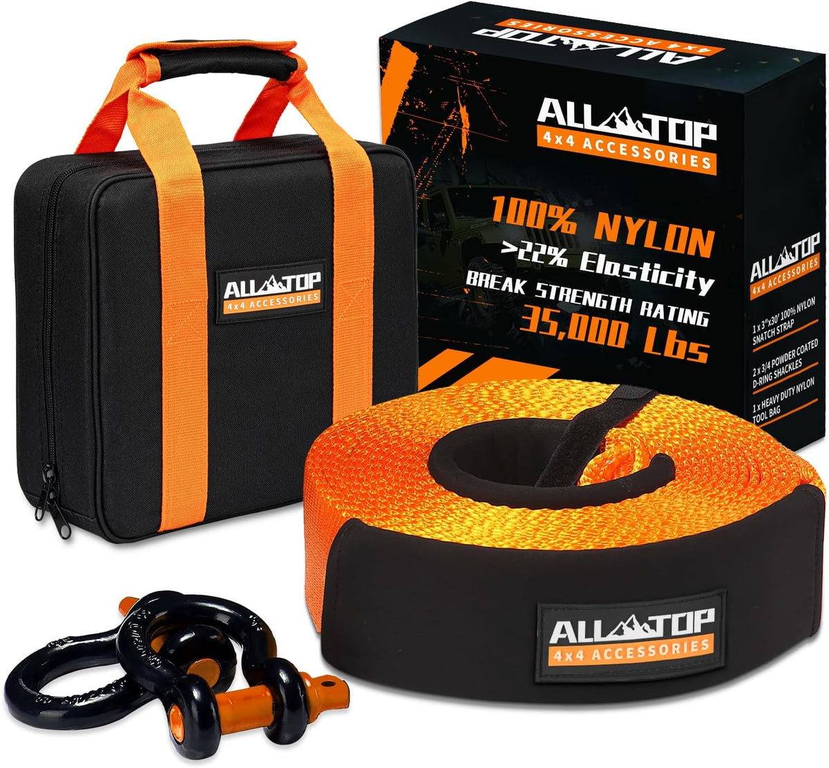 ALL-TOP Extreme Duty Tow Strap Recovery Kit: 4inch x 20ft (46,500lbs) 100% Nylon and 22% Elongation Snatch Strap + 3/4 Heavy Duty D Ring Shackles (2pcs) + Storage Bag