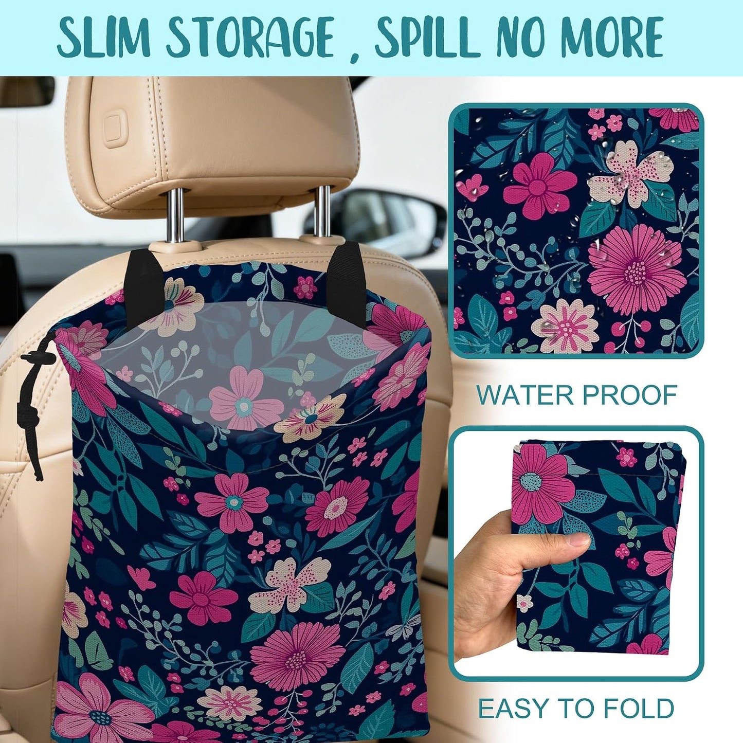 Car Trash Bag Watercolor Floral and Green Leaves Leak-Proof Car Garbage Bag with Drawstring Foldable Canvas Trash Bin with Adjustable Buckle for Car Accessories