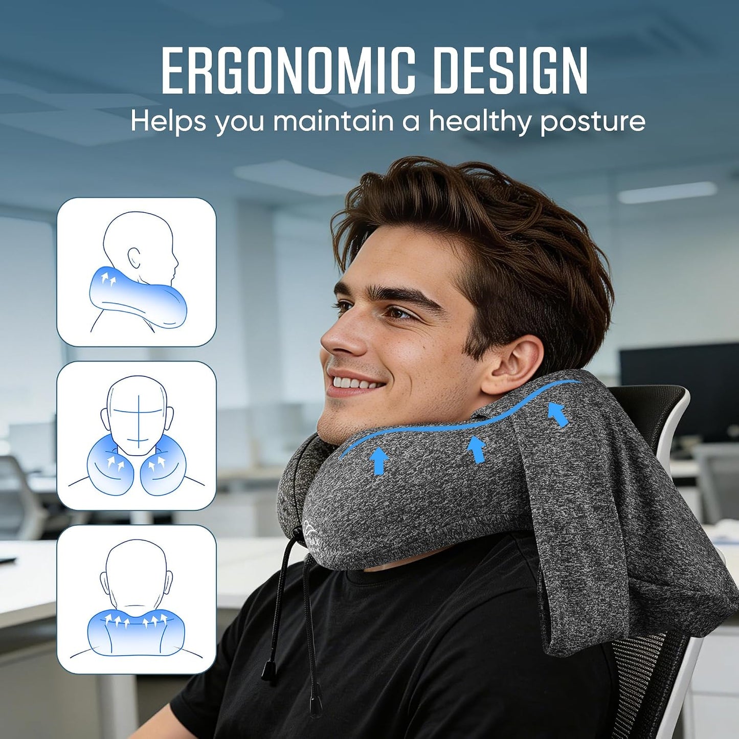 SkytraxComf® Travel Neck Pillow with Hood for Privacy on Long Flights | Memory Foam | Airplane Sleep | Safety-Tested Materials | Extra Large Hood | Chin Support | Earplugs | Washable Cover