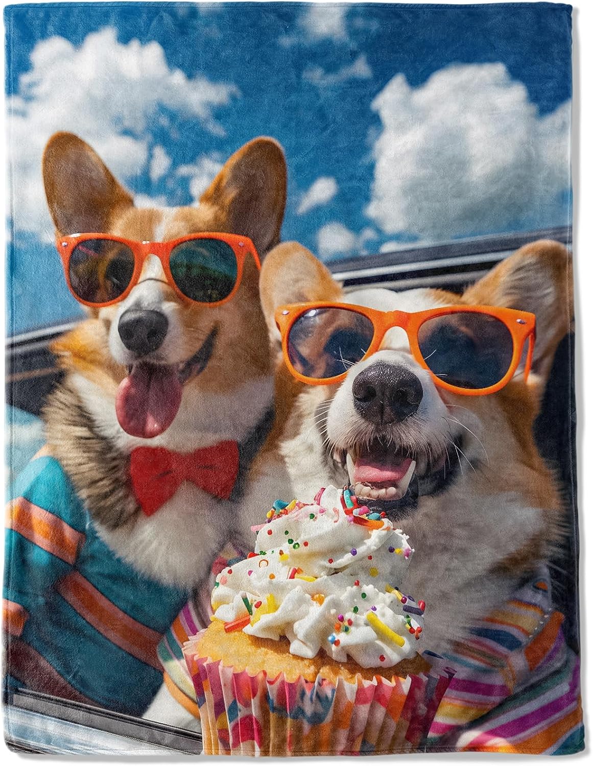 Funny Corgi Dog Fleece Throw Blanket 50x60 Inch,Fun Happy Puppy with Sunglass and Ice Cream Decorative Throws,Soft Lightweight Blankets for Car Travel Beach,Cozy Gifts for Teens Pet Lovers
