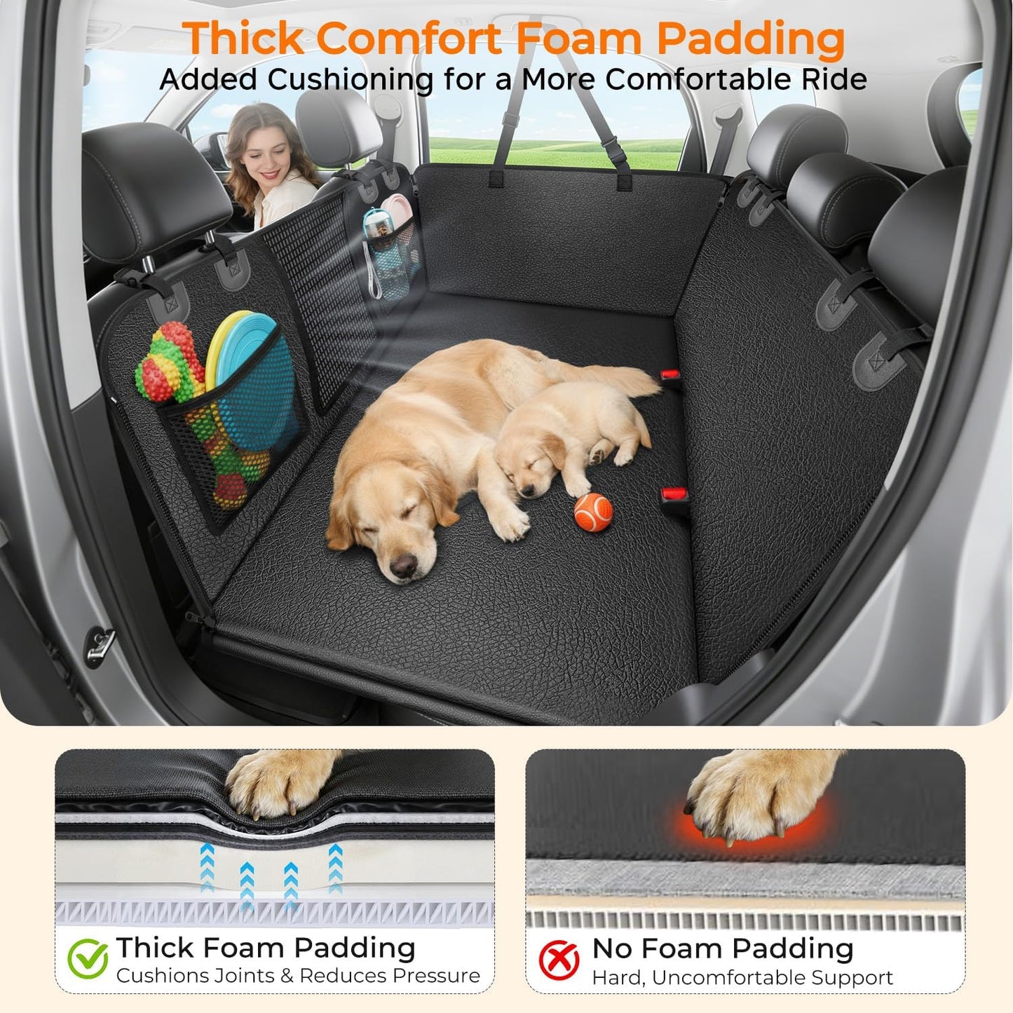 URPOWER Upgraded PU Leather Back Seat Extender for Dogs - Large Hard Bottom Dog Car Seat Cover Holds 550lbs, Waterproof Dog Hammock Pet Bed with High-Density Foam Non-Slip Backseat Protector
