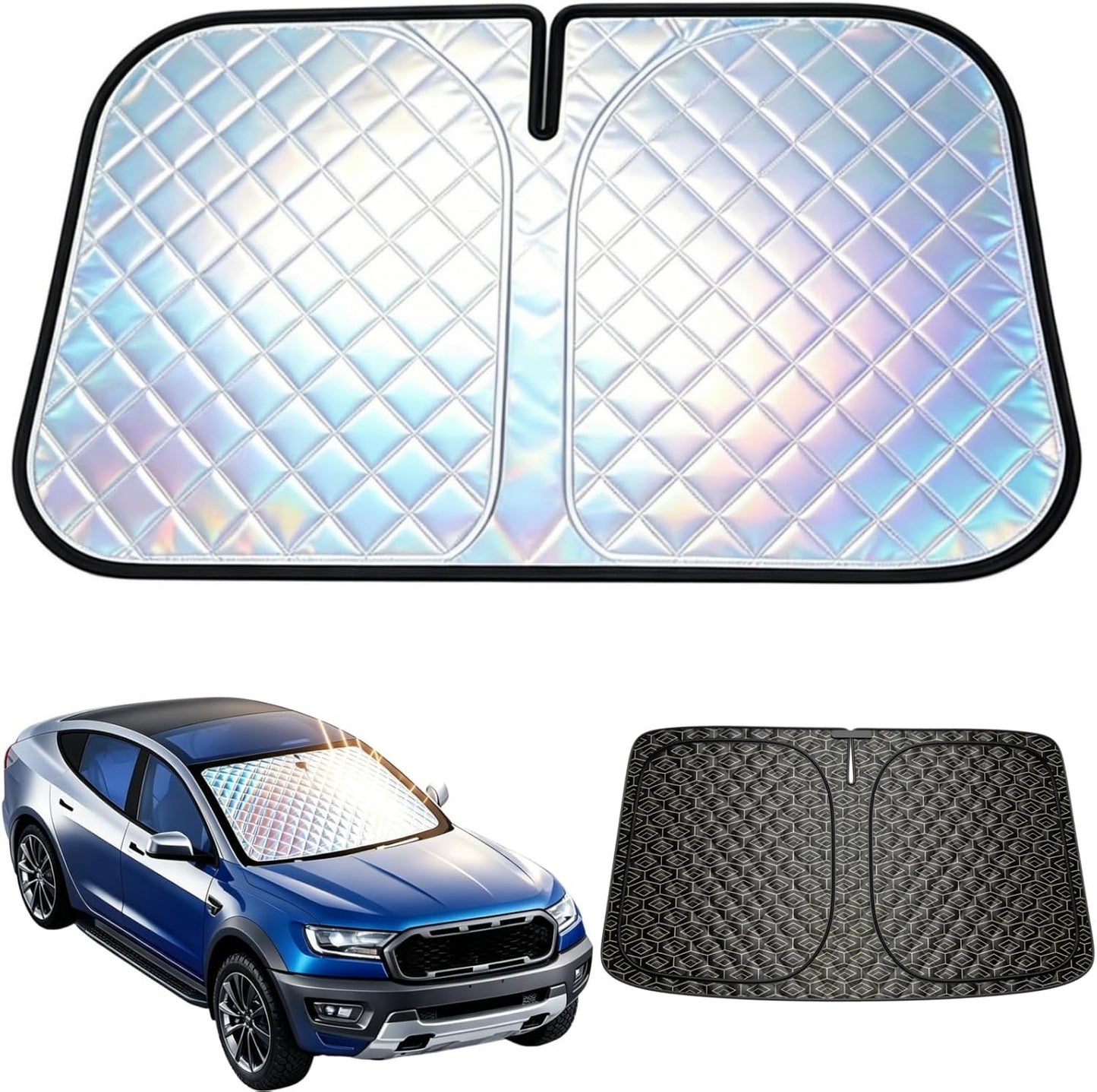 Foldable Windshield Sunshade | 5-Layer Laser Reflective Oxford Fabric Car Sun Shade with Steel Frame | UV Protection Heat Shield Sun Visor | Keeps Interior Cool & Protects Dashboard L(58 * 31 inch)