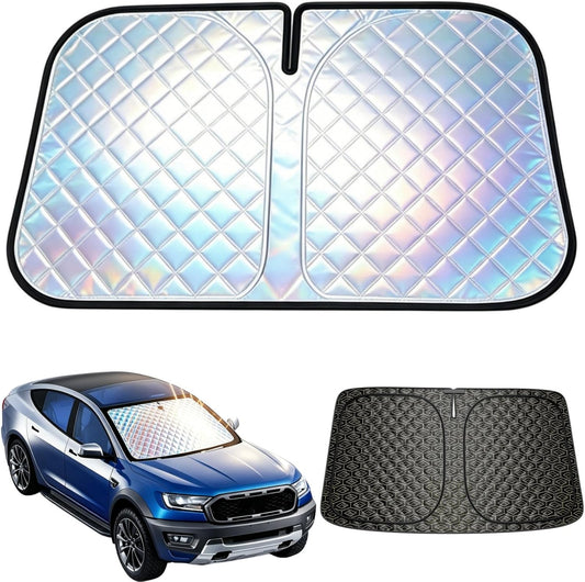 Foldable Windshield Sunshade | 5-Layer Laser Reflective Oxford Fabric Car Sun Shade with Steel Frame | UV Protection Heat Shield Sun Visor | Keeps Interior Cool & Protects Dashboard L(58 * 31 inch)