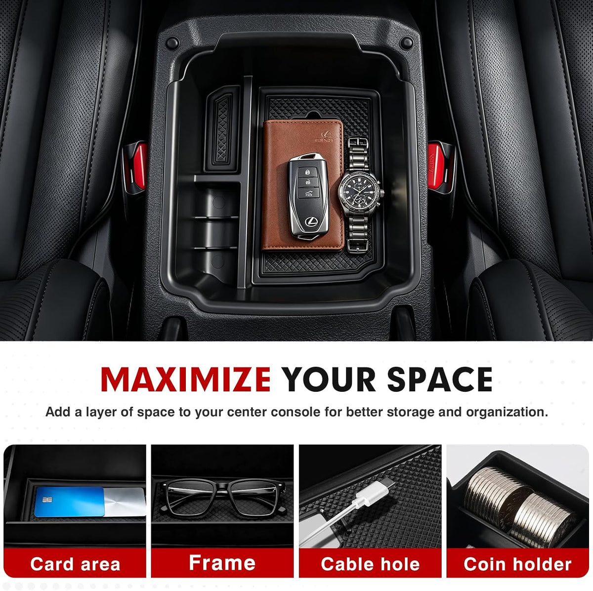 Autorder Center Console Organizer for 2022-2026 Volkswagen Taos/ 2018-2024 VW Tiguan,Taos/Tiguan Interior Accessories Armrest Storage Box Secondary Insert Tray with Non-Slip Silicone Mats