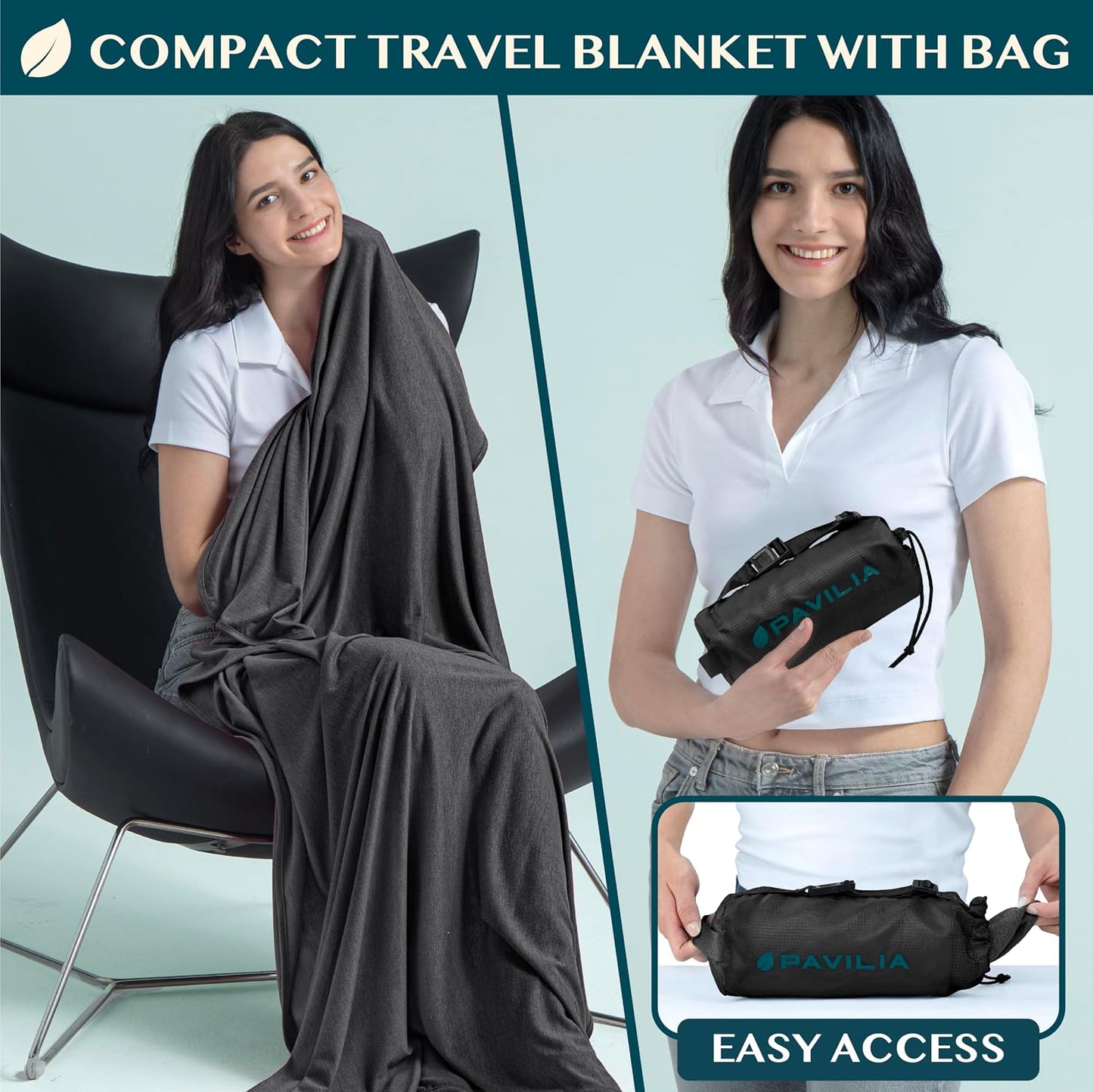 PAVILIA Travel Blanket Airplane Compact with Bag, Lightweight Soft Fleece Plane Blanket Long Flights, Camping Road Trips, Packable Travel Gift Essentials with Luggage Backpack Strap, 65x40, Black