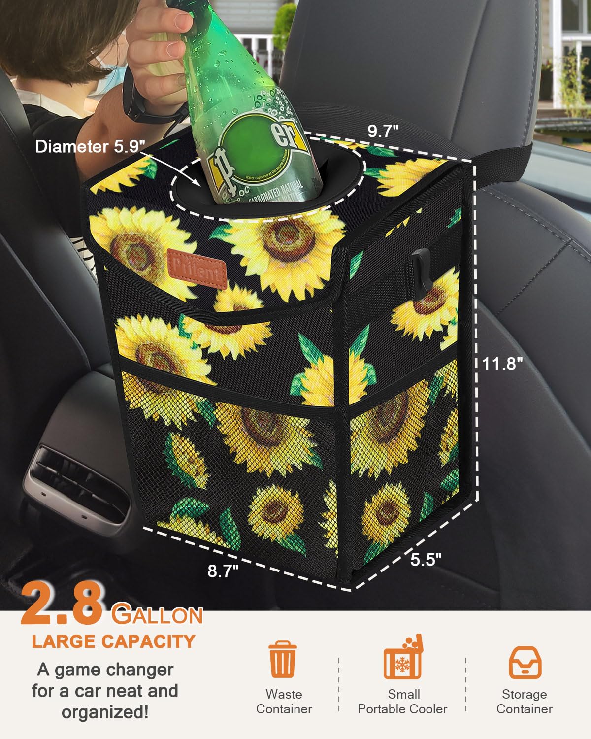 Pritent Car Trash Can with Lid Leakproof Car Garbage Bag Vehicle Trash Bin