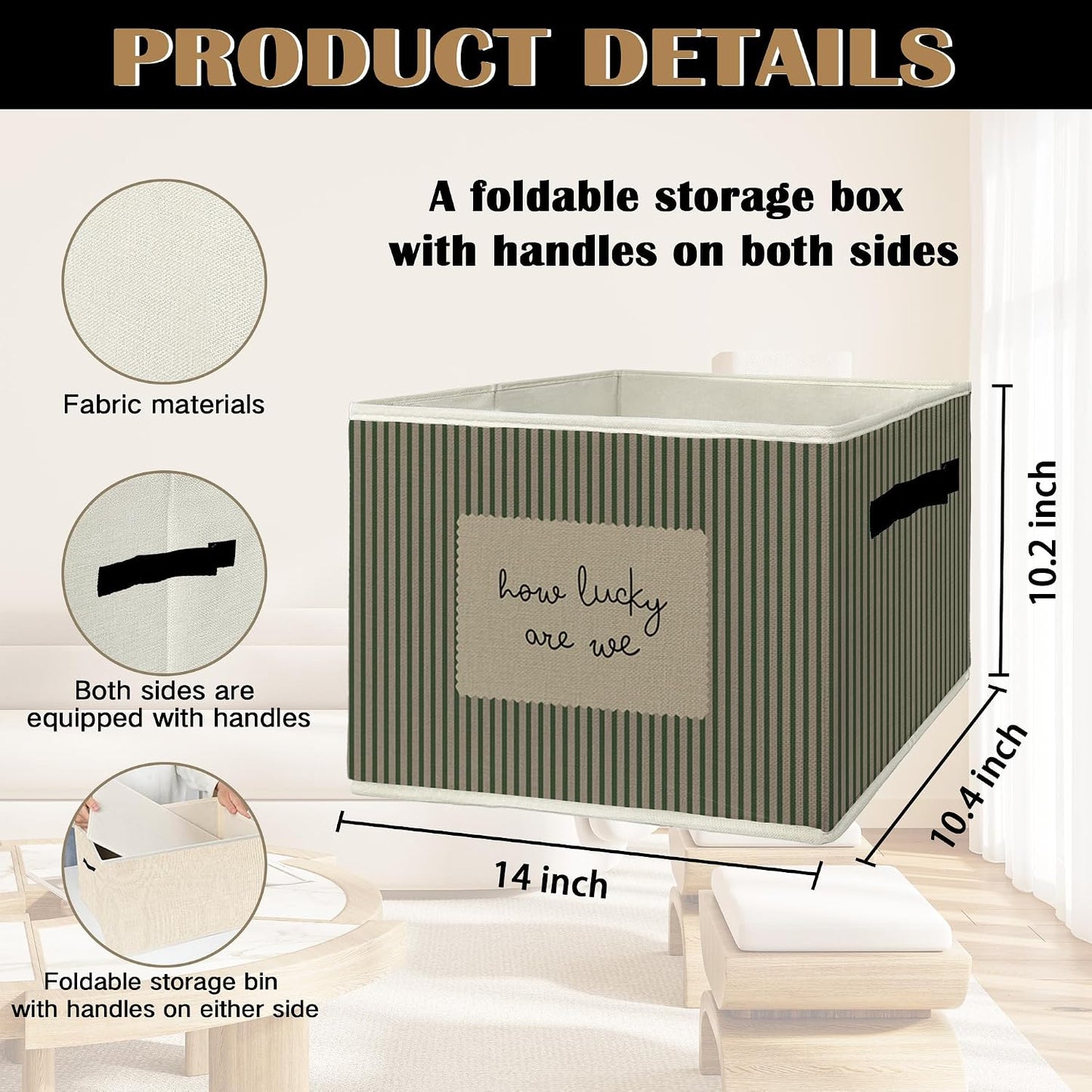 Inspirational Storage Bins & Boxes with Handles, How Lucky Are We Foldable Basket for Organizing, Green Striped Motivational Collapsible Storage Basket for Bedroom Bathroom Clothes Toys Books