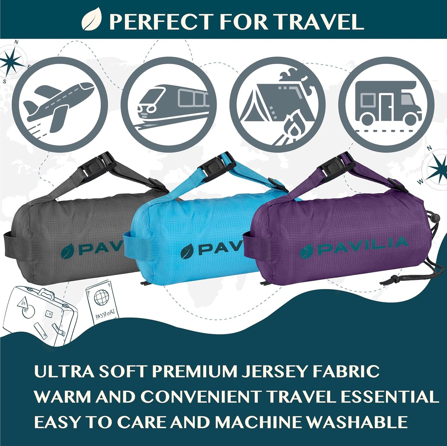 PAVILIA Travel Blanket Airplane Compact with Bag, Lightweight Soft Fleece Plane Blanket Long Flights, Camping Road Trips, Packable Travel Gift Essentials with Luggage Backpack Strap, 65x40, Black