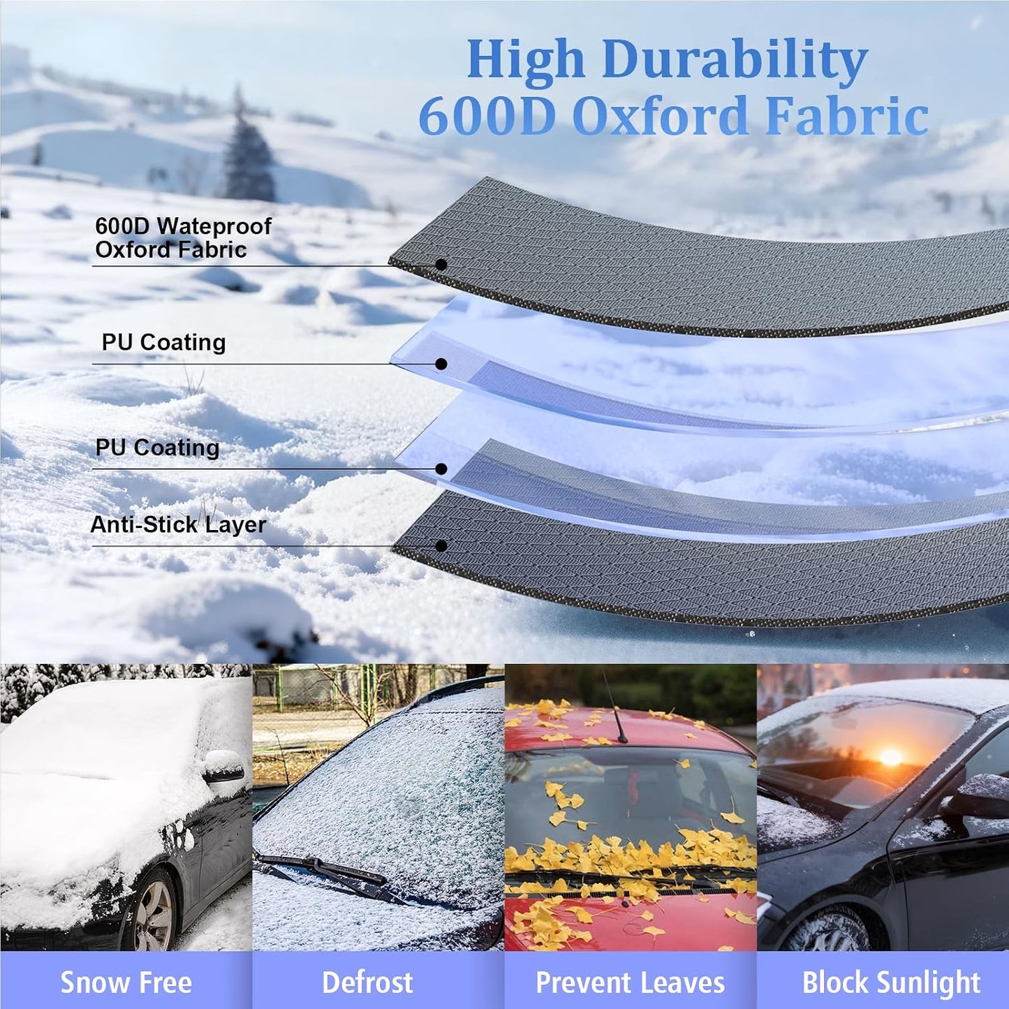 Windshield Cover for Ice and Snow, 600D Car Windshield Cover with Mirror Covers, Upgraded Windproof Includes Elastic Buckles, Frostproof & Dustproof, Fits for Large SUVs Pickups Trucks Vans (78"x 50")