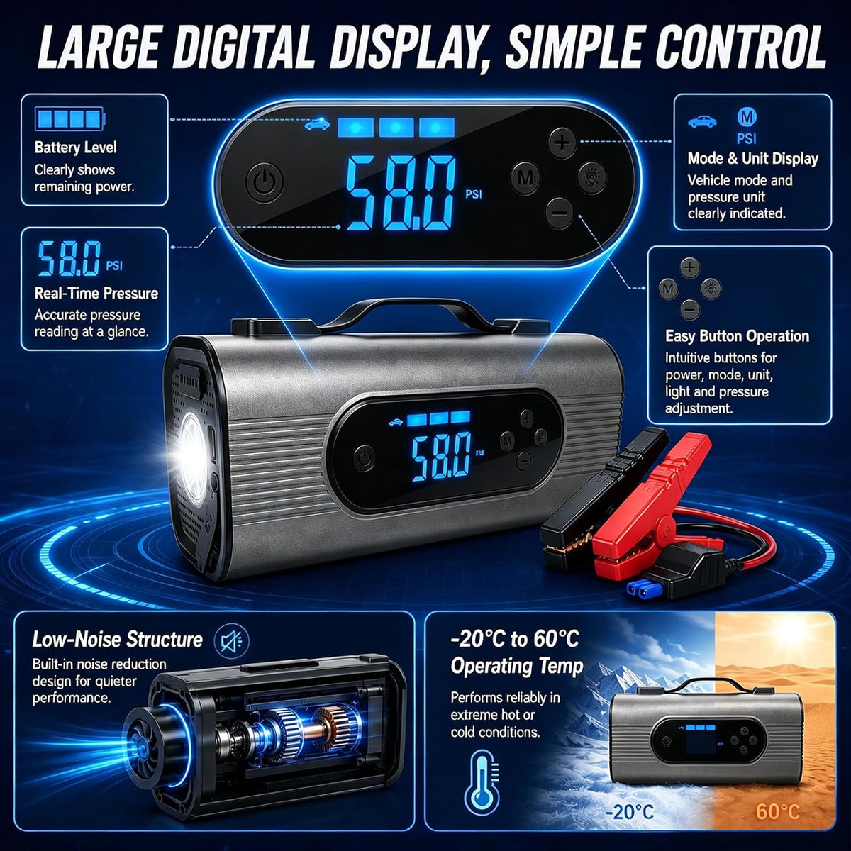 2000A Car Battery Jump Starter with Air Compressor, 150 PSI Tire Inflator