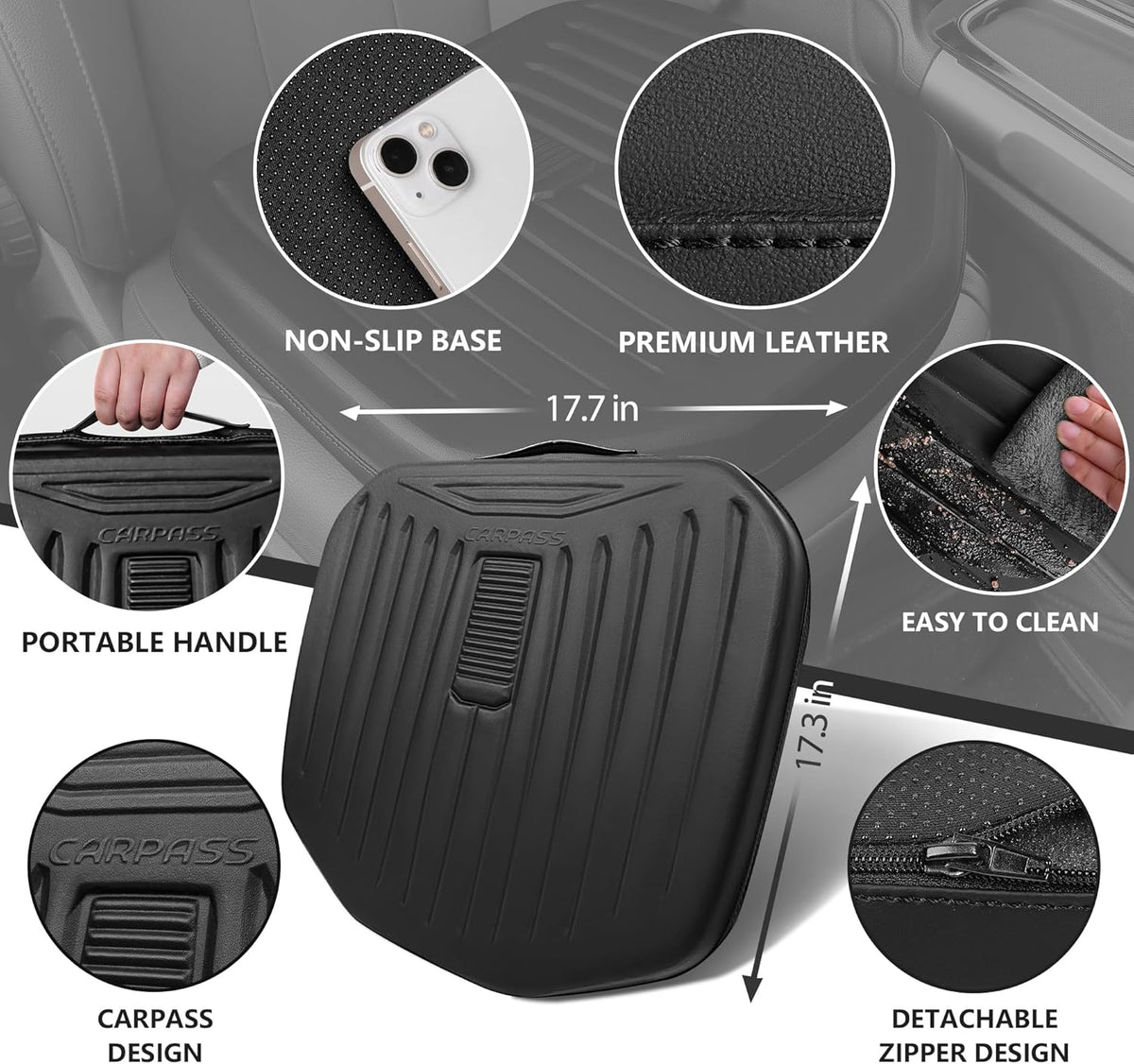 CAR PASS Leather Car Seat Cushion, Comfortable Memory Foam Seat Cushions for Driving Waterproof Adult Booster Seat Cushion for Cars, Truck Driver Automotive SUV Office Chair, Hand-held, 3 Inches Black