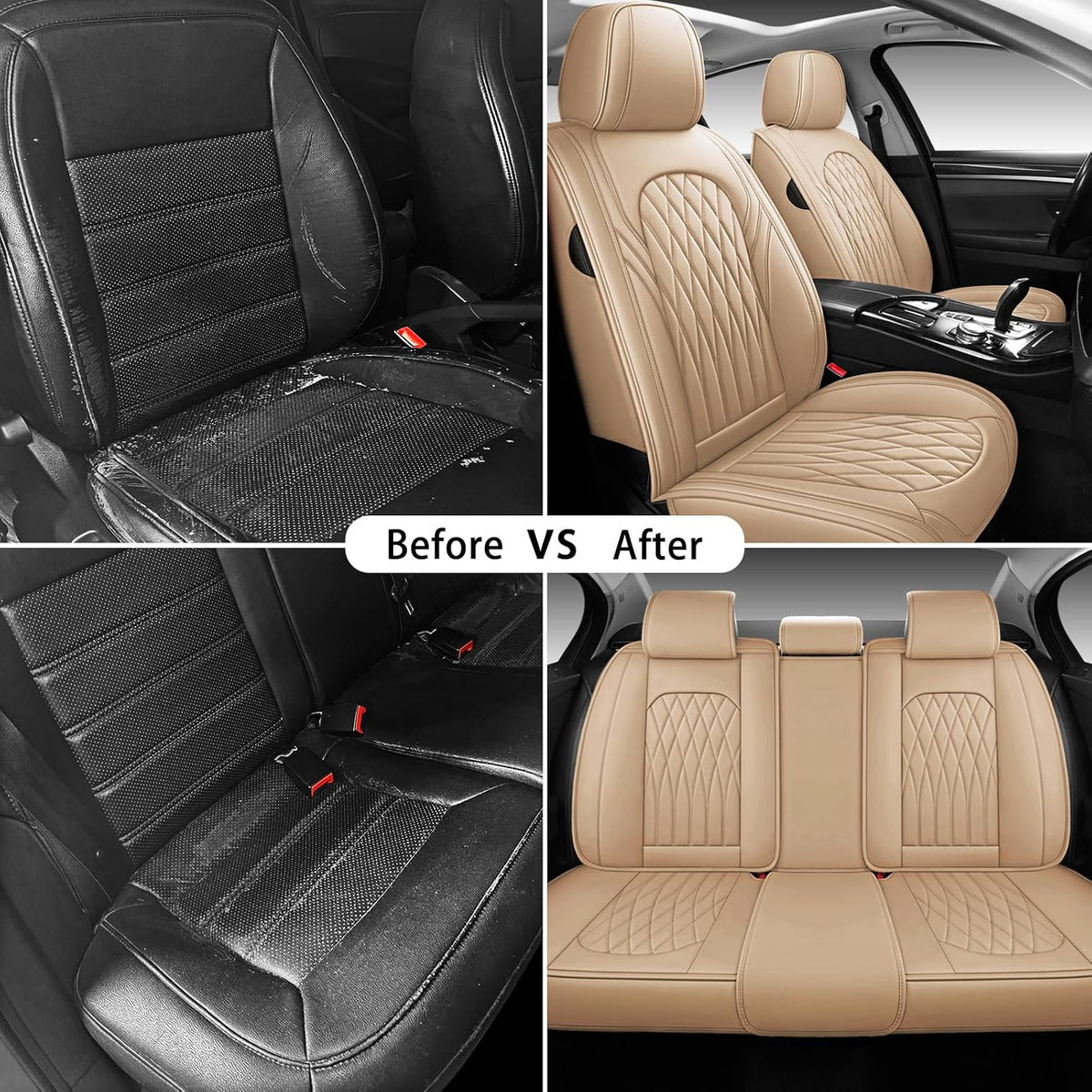 WELLDO Nappa Faux Leather Car Seat Covers Full Set, 5Seats,Beige