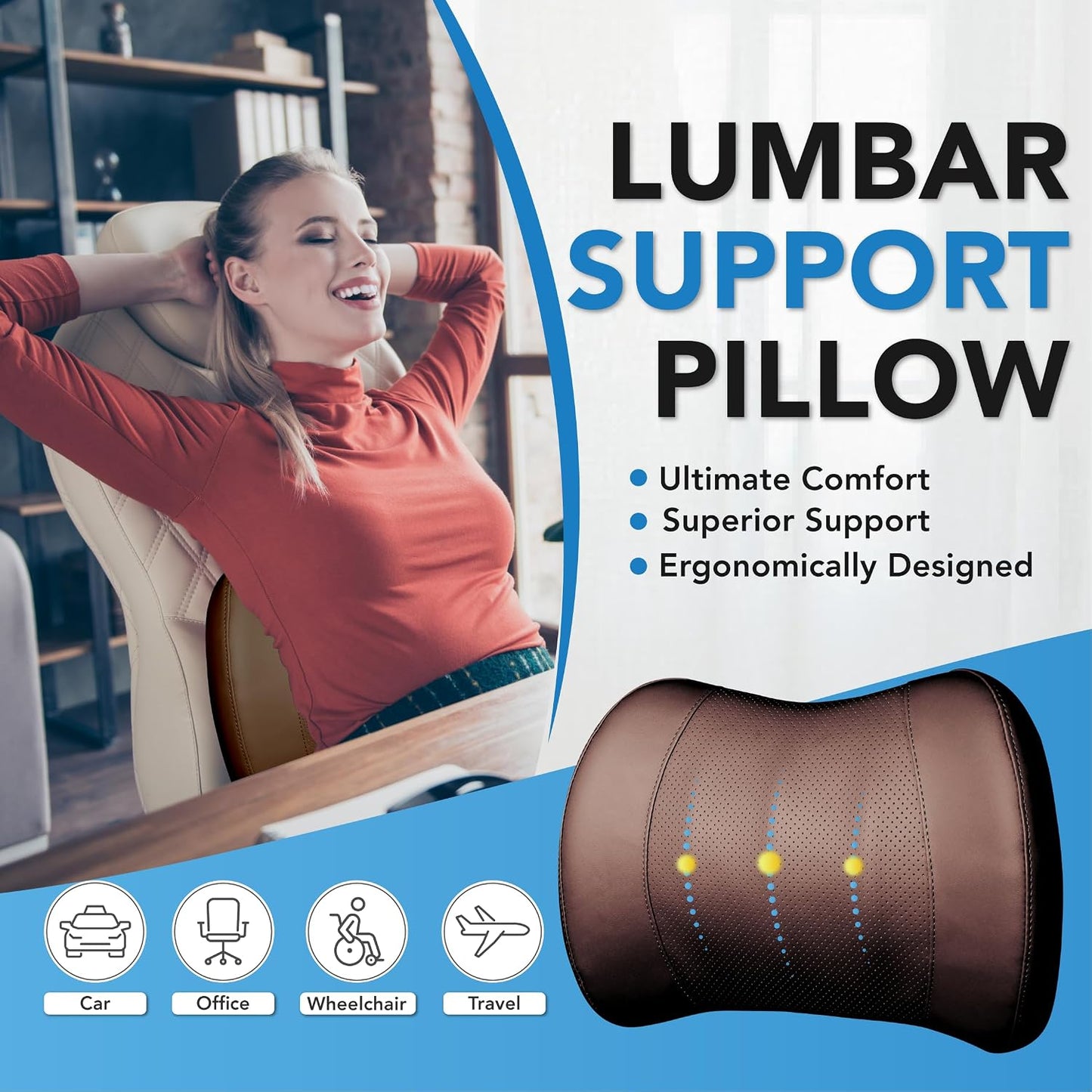 Lofty Aim Lumbar Support Pillow for Car, Car Seat Back Support for Driving | Memory Foam Car Lumbar Support for Driving Seat, Car Back Cushion, Adjustable Straps, Lower Back Pillow, PU Leather, Brown