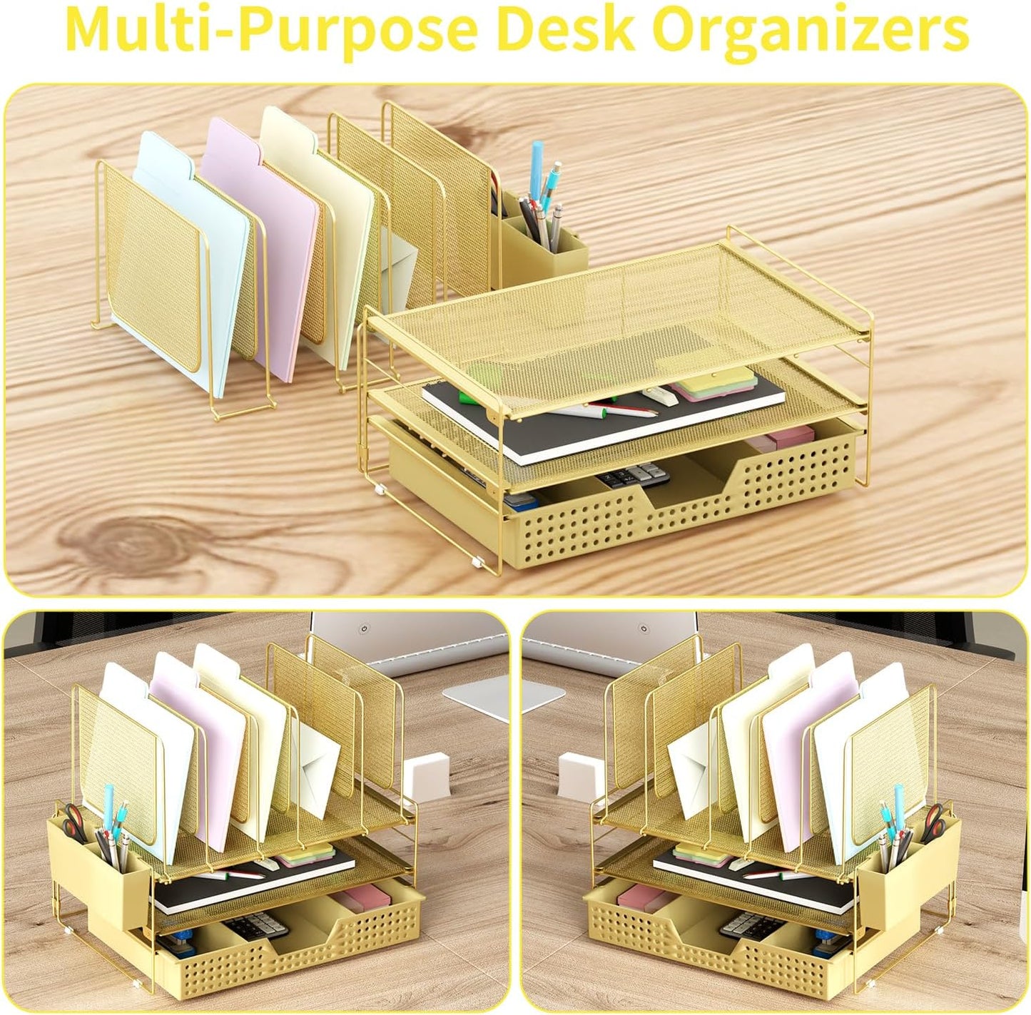 LEKETREE Gold Desk Organizer, Office Organization with Vertical File Holder, File Organizer with Drawer and Pen Holder, Desk Accessories and Workspace Organizers for Home Office (Gold)