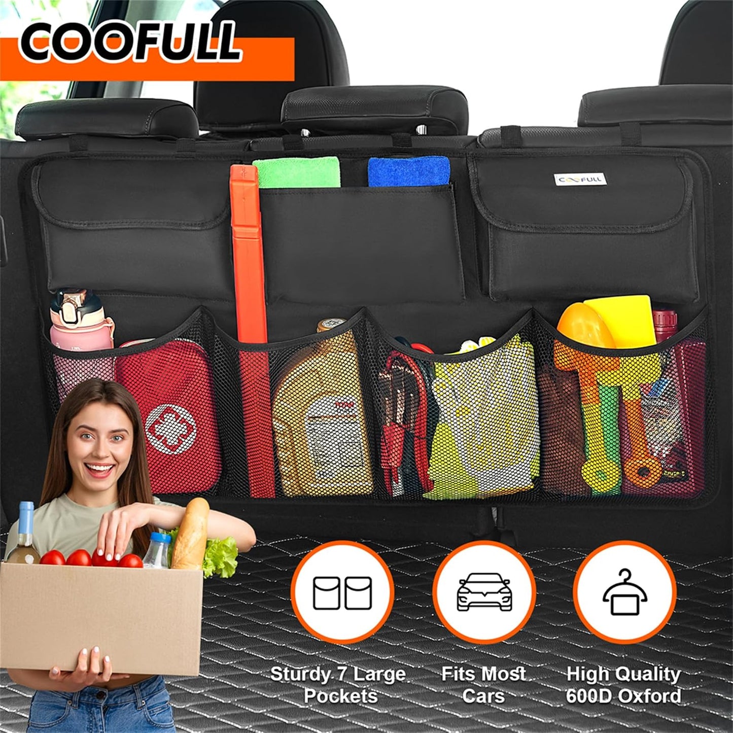 Car Trunk Organizer, Large Capacity Organizers and Storage, Equipped with 7 Durable Pockets, Hanging Trunk Organizer with Hook Side Strips, Sapce-saving Car Accessories Interior