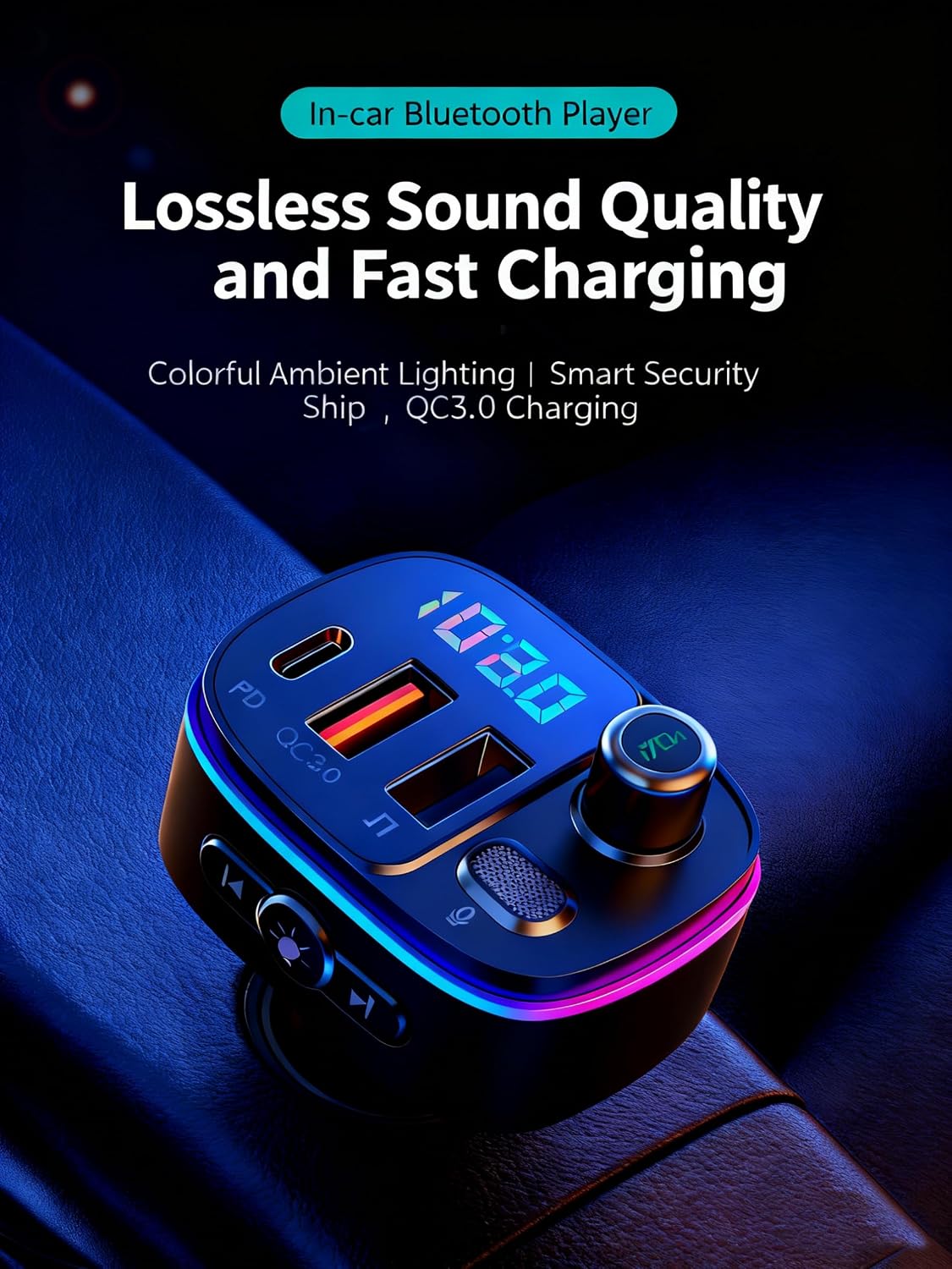 TISONNY Bluetooth FM Transmitter for Car, with Dual Fast Charging (QC3.0 & PD 20W), Qualcomm 5.0 Chip, Hands-Free Calling, Support USB/TF Card Playback, Plug and Play for All Cars