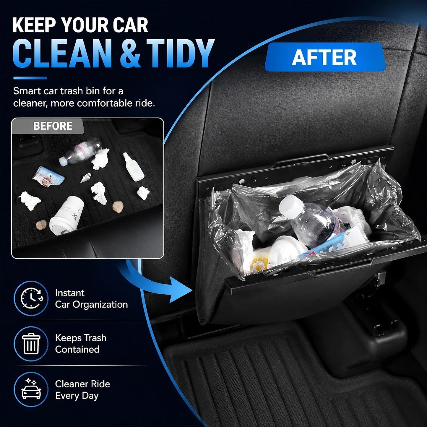 Car Trash Can Leak-Proof, 4 Pack Black Large Capacity Auto Trash Bin with Magnetic Opening, Multi-Purpose Open-Top Car Organizer for Backseat, Console, Door, Phone, Drinks, and Small Items
