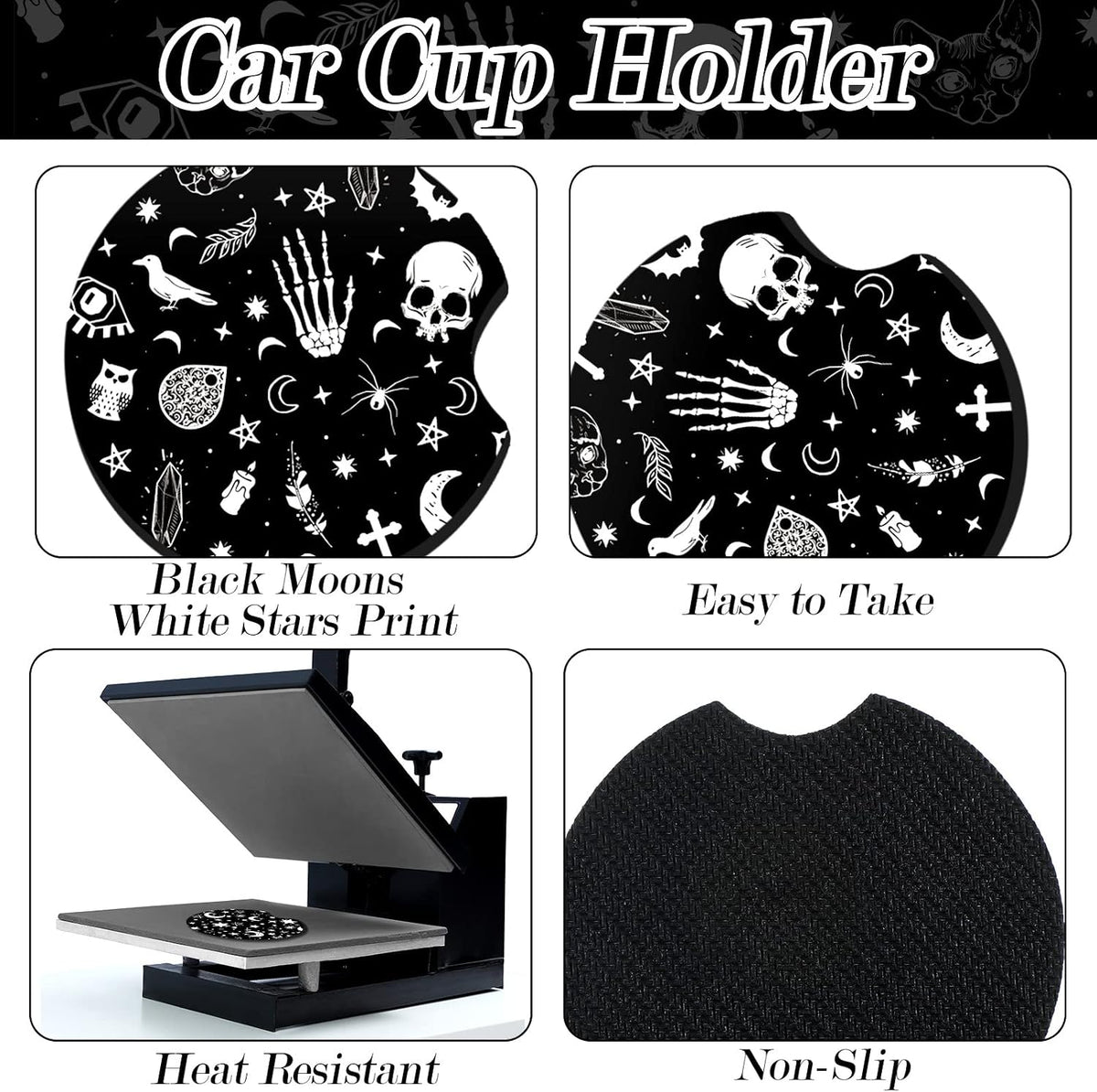 4 Pieces Black Moons White Stars Print Car Accessories Set Black Moons White Stars Steering Wheel Cover with 2 Pieces Car Cup Holder and Leather Keyring for Truck SUV(Horror Pattern)