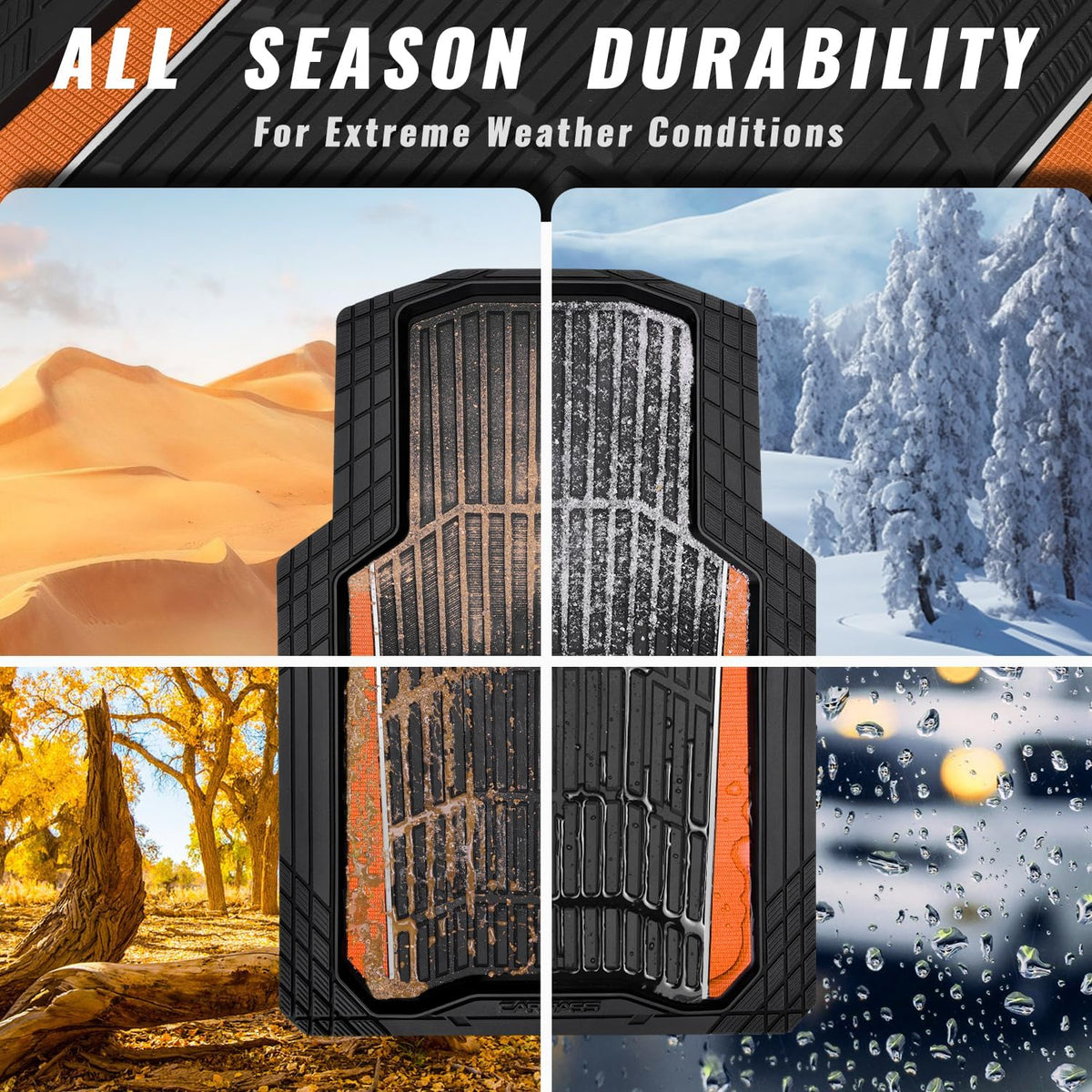 CAR PASS Heavy Duty Rubber Car Floor Mats, Deep Waterproof Car Floor Mats All Weather, Aluminum Film Floor Mats for Cars Non-Slip Universal Trim Fit for SUVs Trucks Sedans Vans, Black Orange Metallic