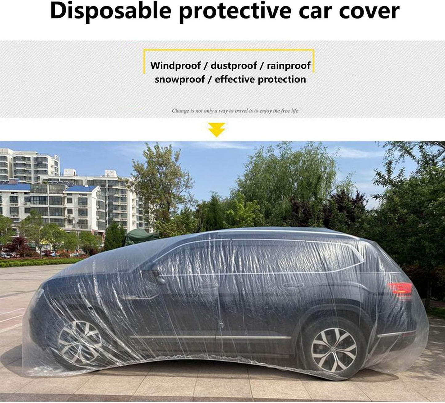 Car Essential Universal Disposable Clear Plastic Car Cover Suitable SUV Sedan (Membrane Size：12.5ft x 21.4ft) with Elastic Band for Outdoor Snow Rain Weather，Individually Packaged, Super Convenient