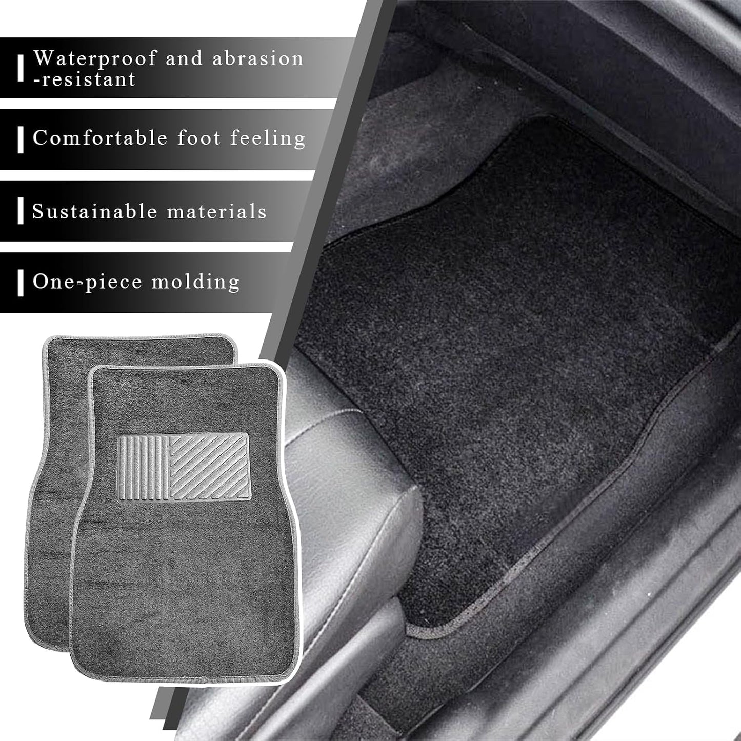 4PCS Car Floor Mats, Anti-Slip Waterproof Car Carpets with Safety Heel Pad, Heavy Duty Floor Mat for All Weather Protection, Universal Trim to Fit for Sedans Trucks SUVs (Gray)