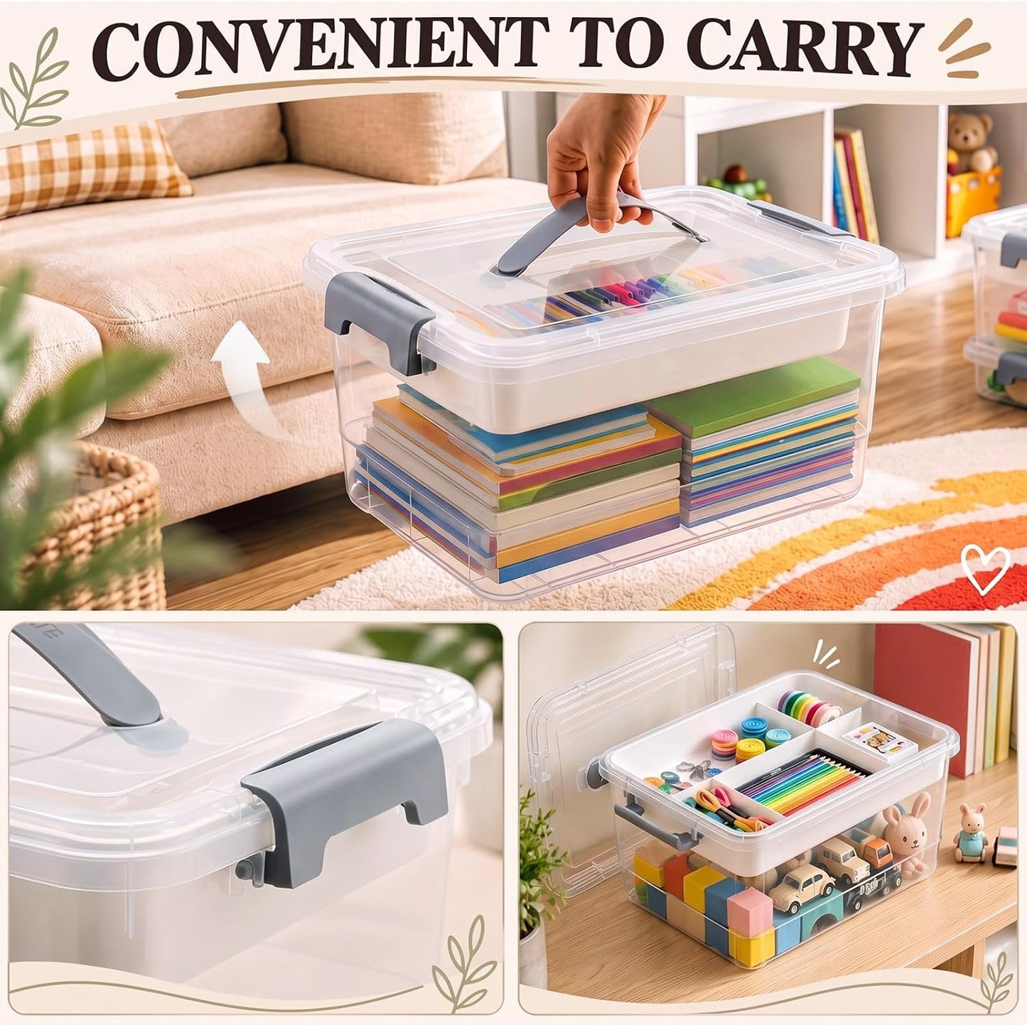 4 Packs 17 Qt Plastic Storage Bins Clear Storage Box with Lids Clear Plastic Latching Box Organizer Stackable Bin with Lid & Tray for Organizing Tool Arts Craft Crayon and Car Trunk