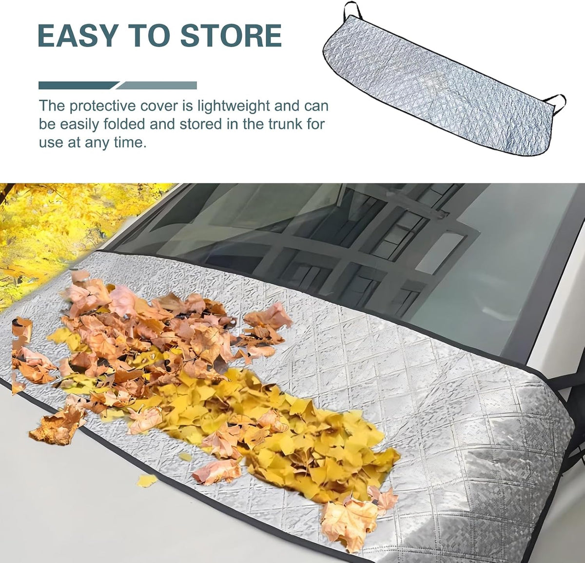 Car Front Windshield Rain Trough Protection Cover, 66.9" x 17.7" Multifunctional Windshield Cover, Sunscreen/Snow Protection/Leaf Protection, Four-Season Universal Protective Covers(Silver)