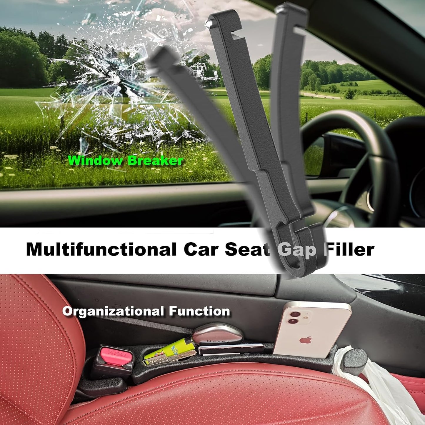 Car Seat Gap 2pk Filler with Storage, Hook & Emergency Glass Breaker