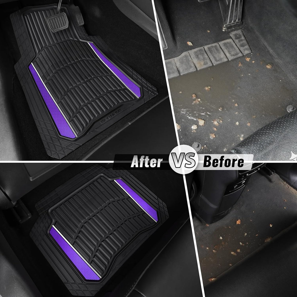 CAR PASS Heavy Rubber Car Floor Mats, Deep Waterproof Car Floor Mats All Weather, Aluminum Film Universal Trim to Fit for Cars SUV Trucks Sedans, Anti-Slip, Black Purple Metallic