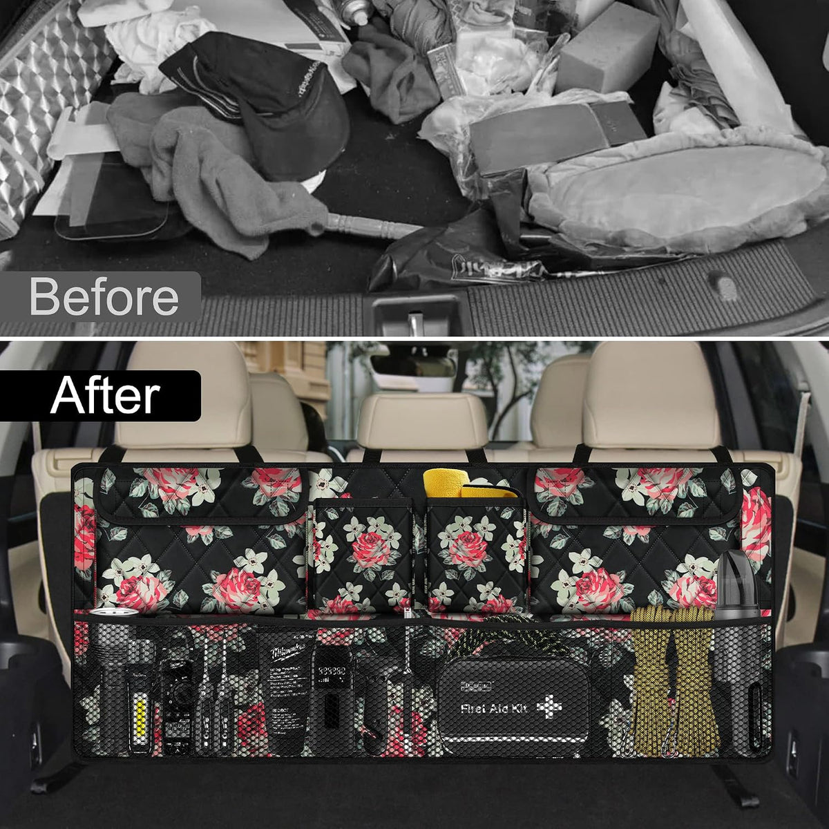 Femuar Car Trunk Organizer,Large Capacity Backseat Trunk Organizer(42"*18"),Collapsible Car Storage Bag with 8 Pocekt,Car Organizer for SUV/MPV/Truck - Floral