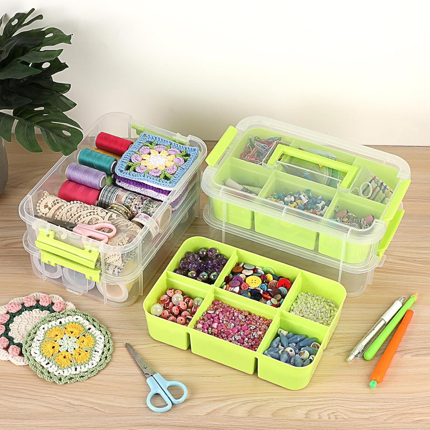 JUXYES 4-Tiers Plastic Stack Carry Storage Containers Box wih Handle Lids | Clear Stackable Latching Storage Bin With 2 Tray for School Office, Organizing Sewing, Art Craft, DIY Supplies, Green