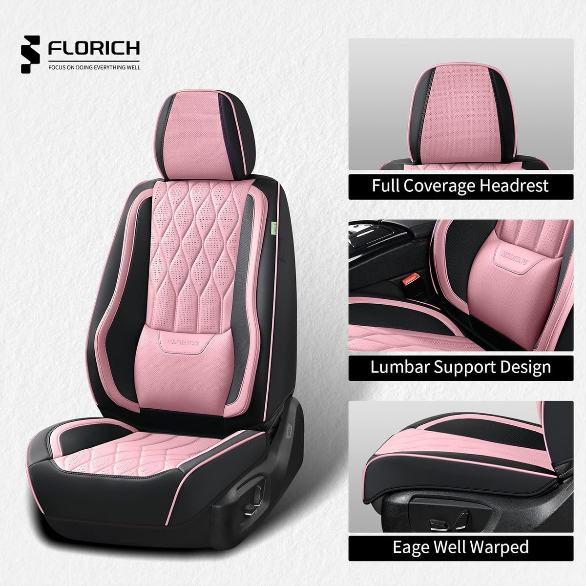 FLORICH Seat Covers Front Pair Pink Car Seat Covers Leather Car Seat Cover Waterproof Automotive Seat Covers Vehicle Seat Interior Cover Universal Fit for Most Cars Sedans Trucks SUV, Black&Pink