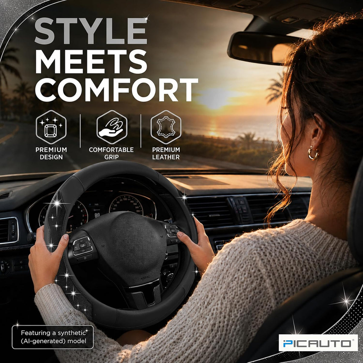 PIC AUTO Steering Wheel Cover, Black Sparkly Crystal Bling Glitter with Leather, Universal Fit 14.5"-15.5" Car Steering Wheels for Girls & Women, Anti-Slip Wheels Cover for Cars, Trucks, Van, SUVs