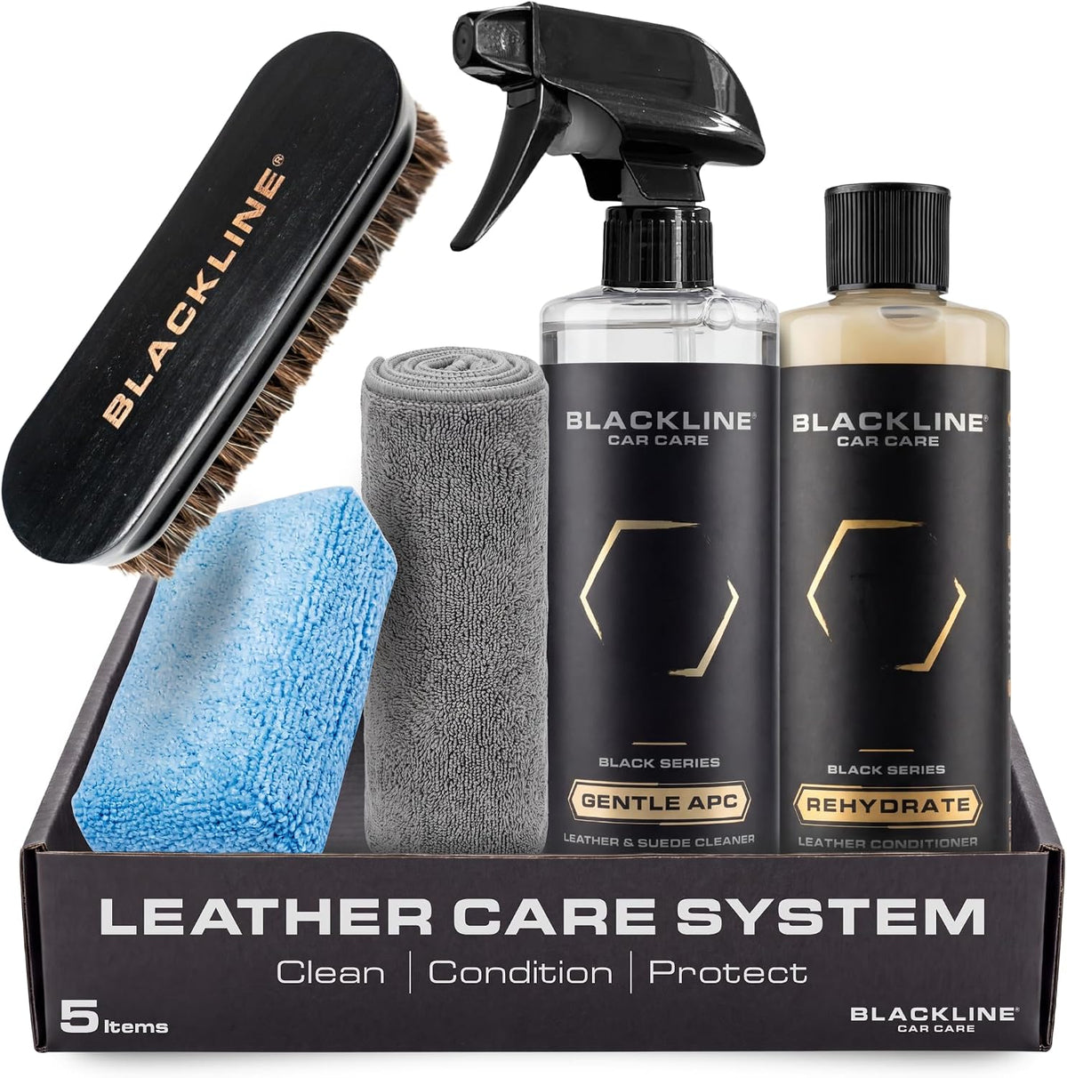 Blackline Leather Kit + Brush, Towel & Applicator - APC & Rehydrate, 5pc