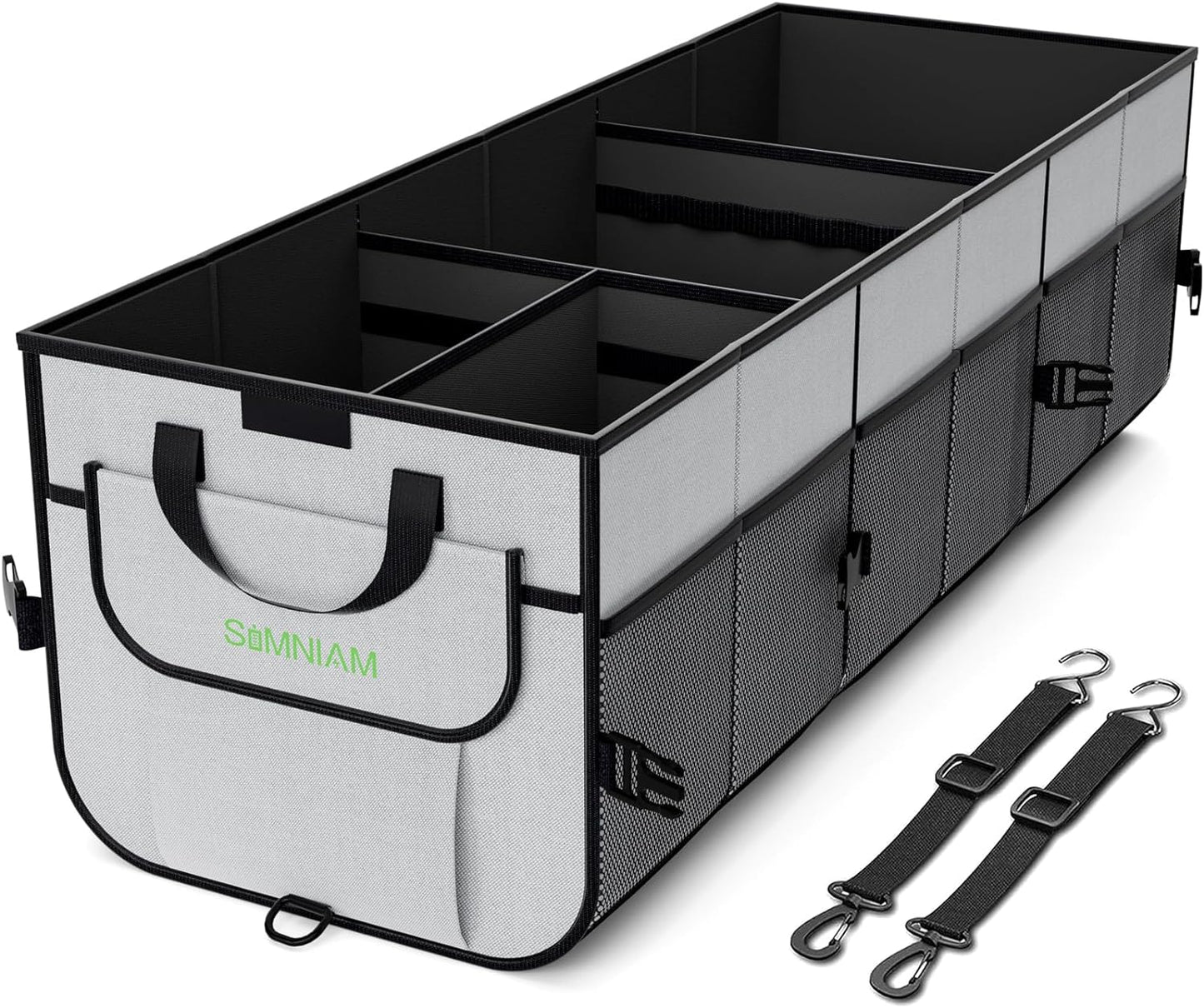 Simniam Car Trunk Organizer with Insulated Grocery Bag- 110L High Capacity Car Storage Box, with 4 Compartments, Reflective Strip, Cover, for Auto, SUV, Truck, Minivan