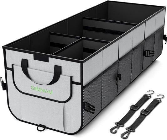 Simniam Car Trunk Organizer with Insulated Grocery Bag- 110L High Capacity Car Storage Box, with 4 Compartments, Reflective Strip, Cover, for Auto, SUV, Truck, Minivan